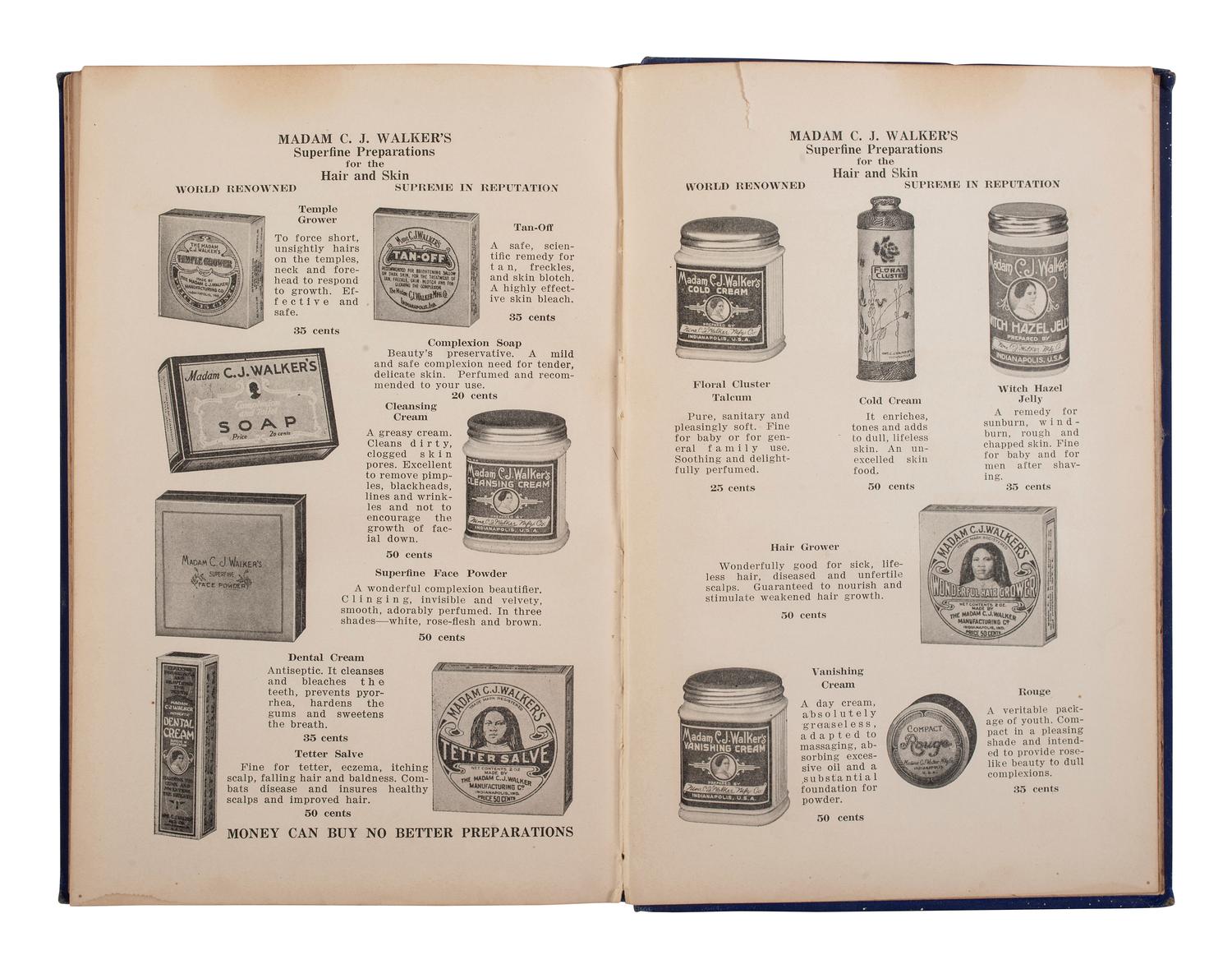 [BUSINESS -- WALKER, Madam C.J. (born Sarah Breedlove, 1867-1919)]. The Madam C.J. Walker Beauty Manual: A Thorough Treatise Covering All Branches of Beauty Culture. FIRST EDITION. Indianapolis: The Madam C.J. Walker Manufacturing Co. Inc., ca 1928.