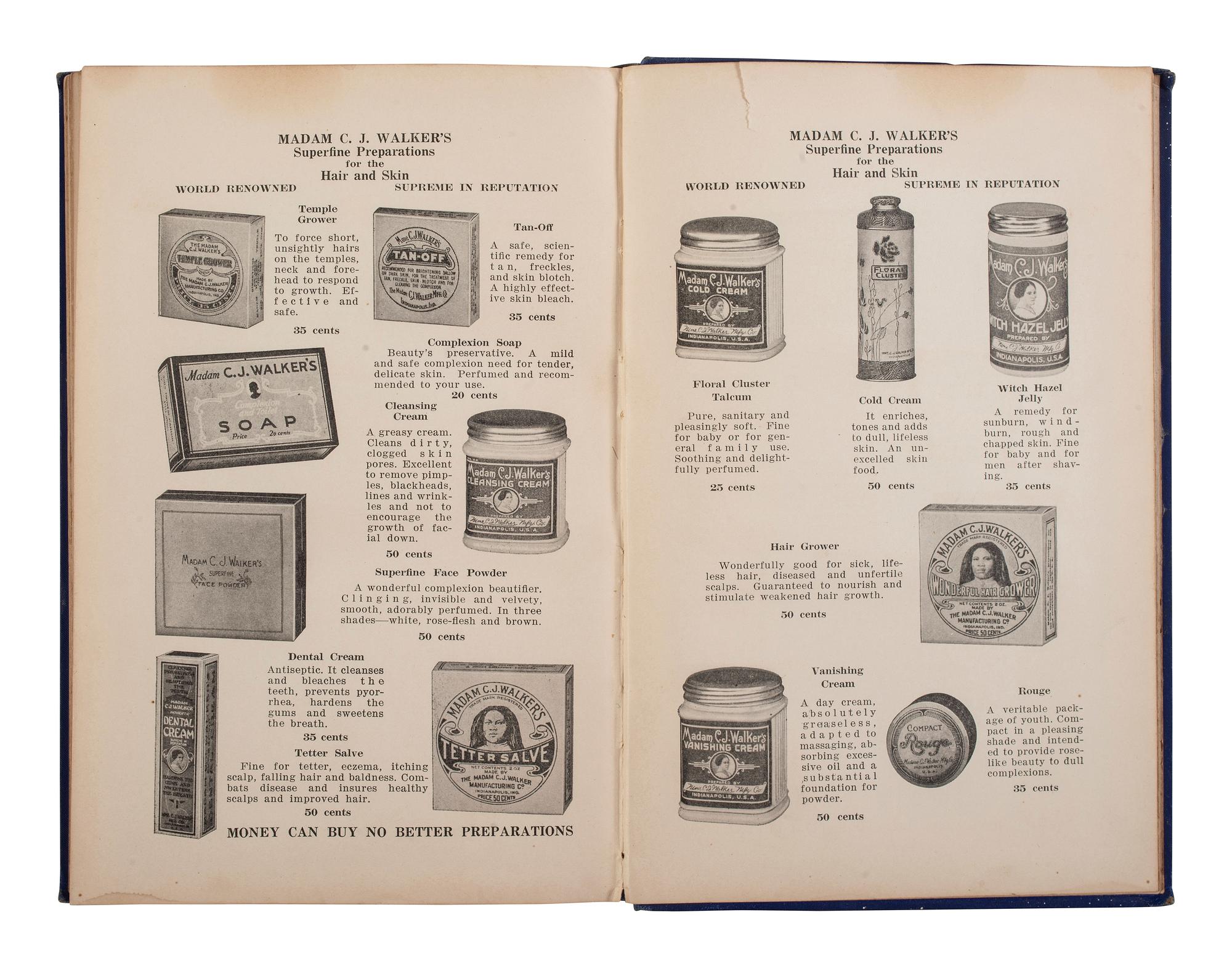 [BUSINESS -- WALKER, Madam C.J. (born Sarah Breedlove, 1867-1919)]. The Madam C.J. Walker Beauty Manual: A Thorough Treatise Covering All Branches of Beauty Culture. FIRST EDITION. Indianapolis: The Madam C.J. Walker Manufacturing Co. Inc., ca 1928.