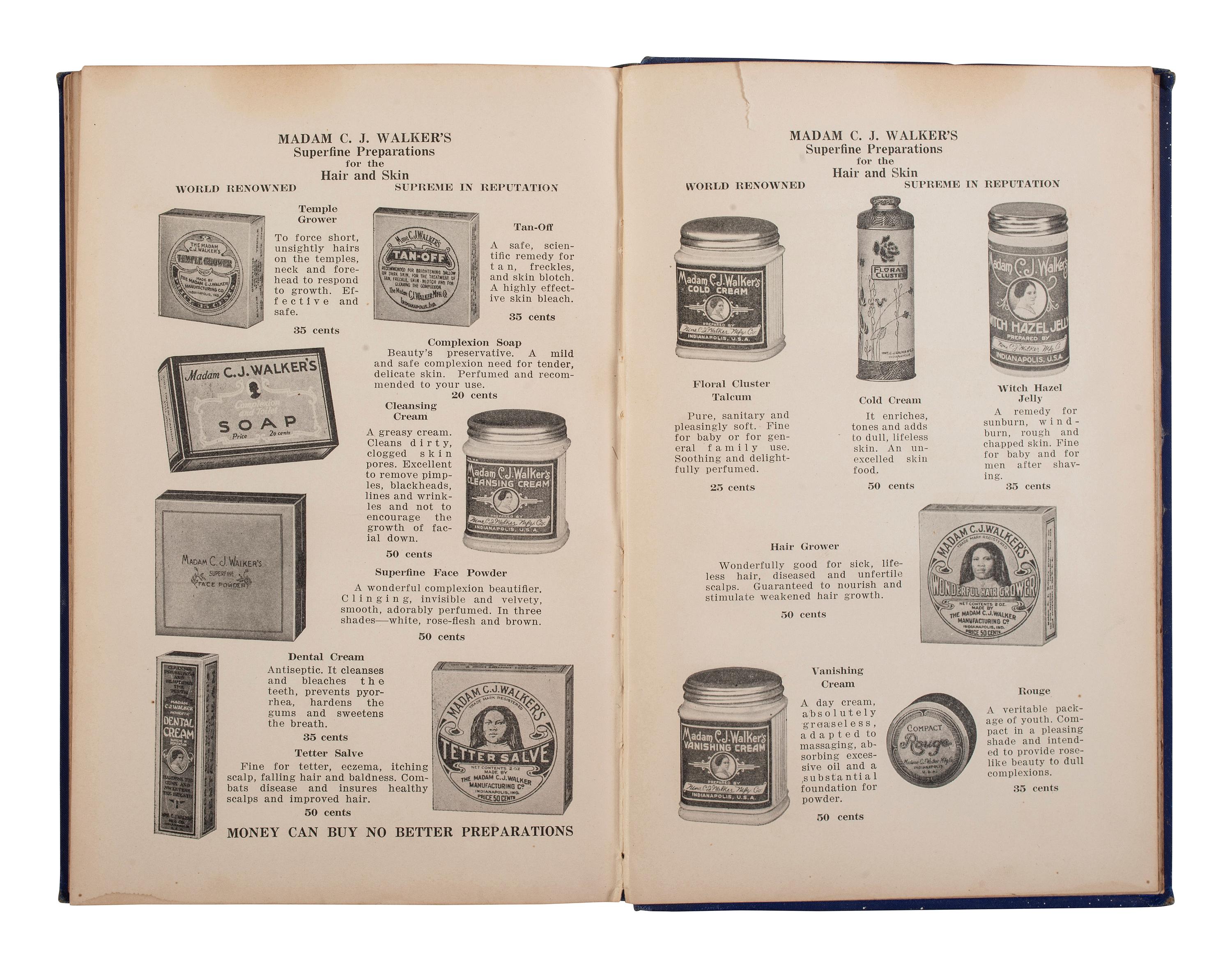 [BUSINESS -- WALKER, Madam C.J. (born Sarah Breedlove, 1867-1919)]. The Madam C.J. Walker Beauty Manual: A Thorough Treatise Covering All Branches of Beauty Culture. FIRST EDITION. Indianapolis: The Madam C.J. Walker Manufacturing Co. Inc., ca 1928.