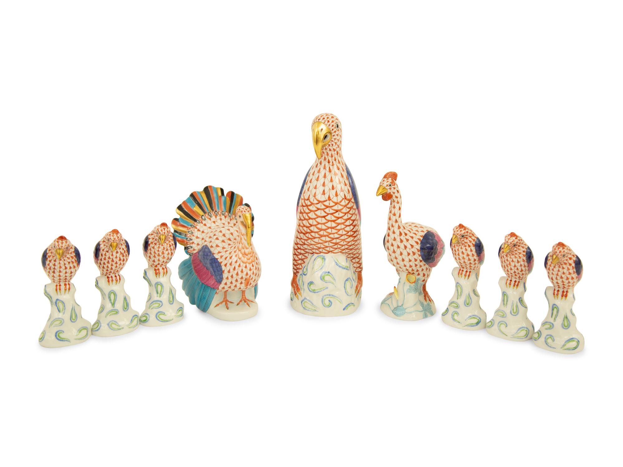 Nine Herend Porcelain Bird Figurines