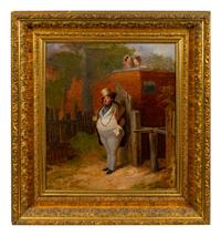 A Man in a Top Hat with Two Ladies Behind a Wall