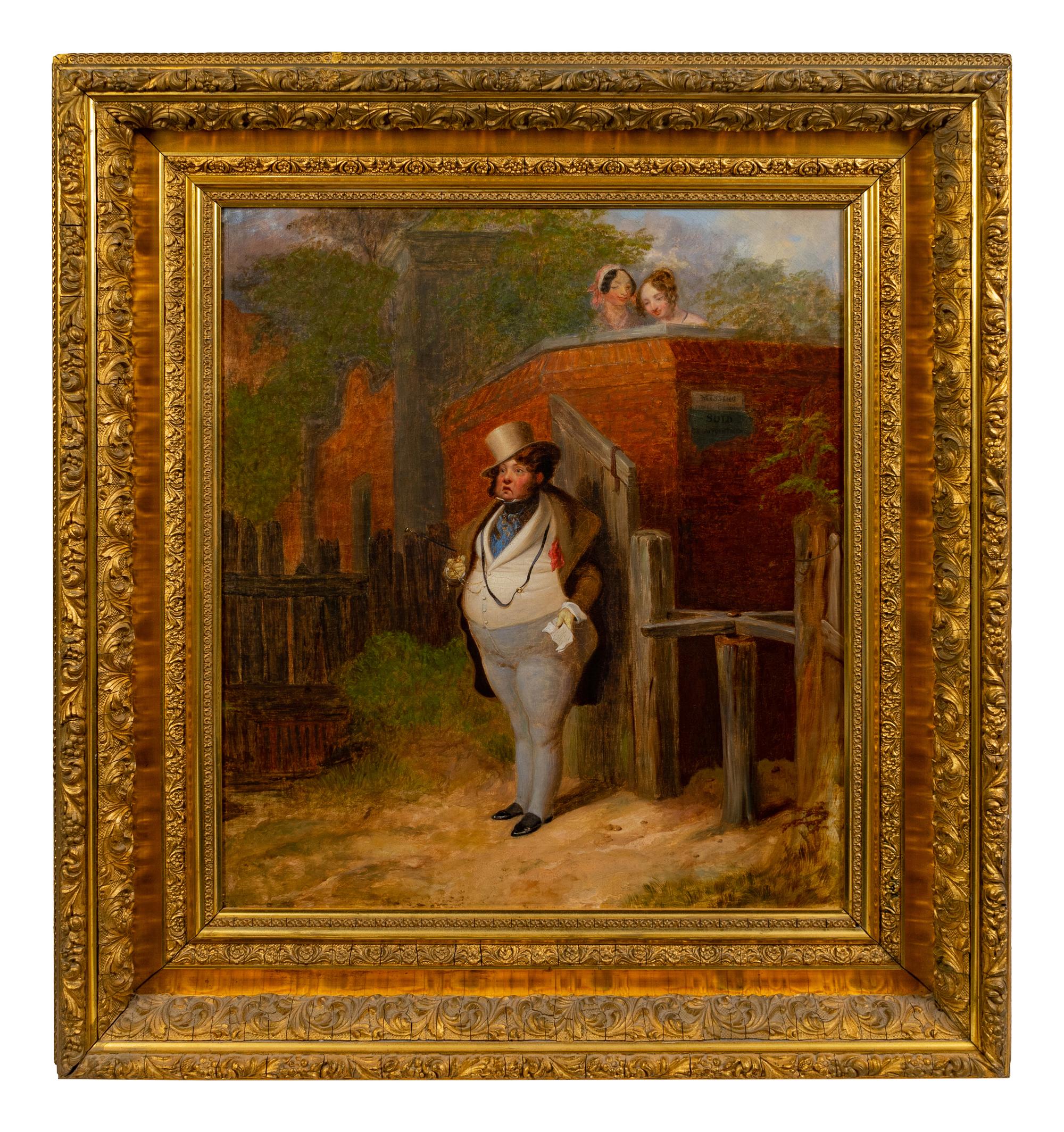A Man in a Top Hat with Two Ladies Behind a Wall