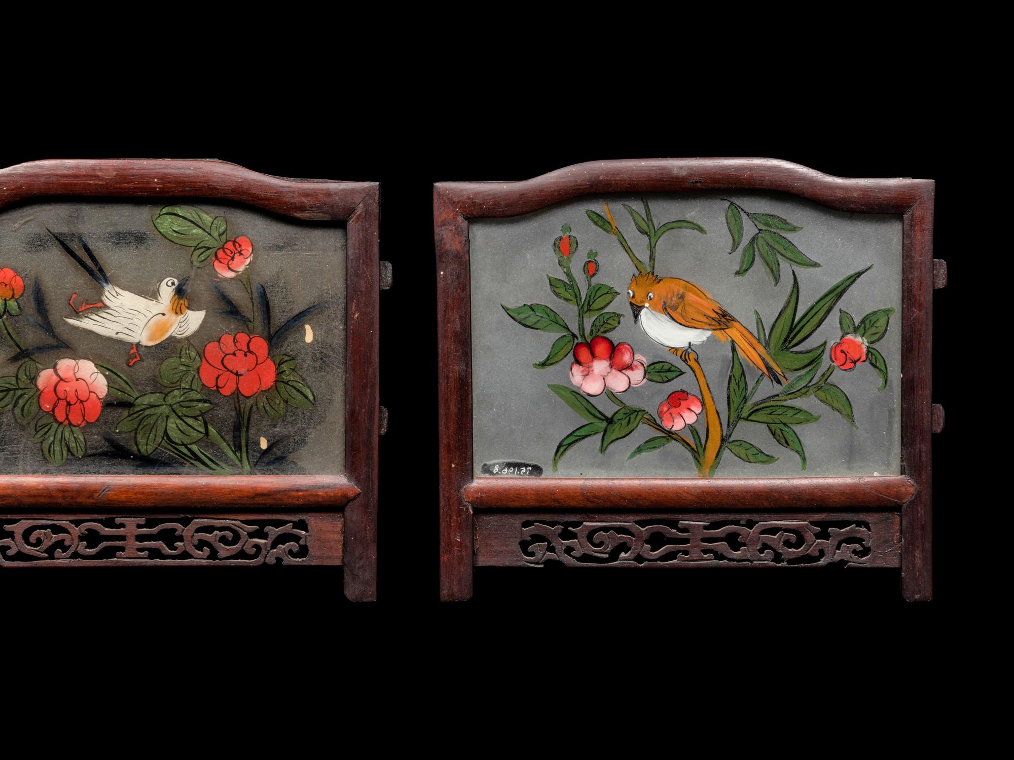 Three Chinese Painted on Glass and Wood Lanterns