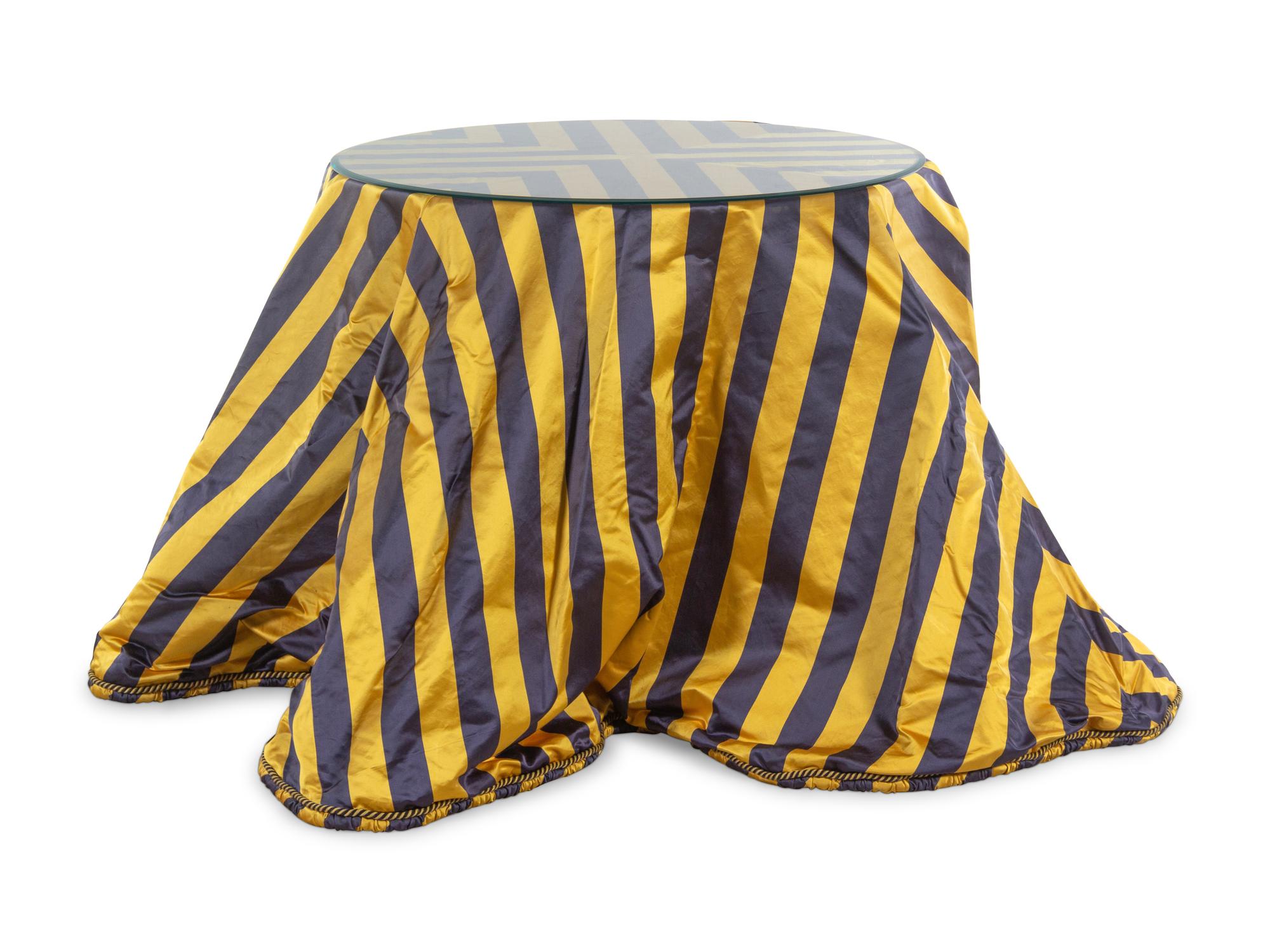 APPROVED FOR DONATION A Glass-Top Silk Skirted Side Table