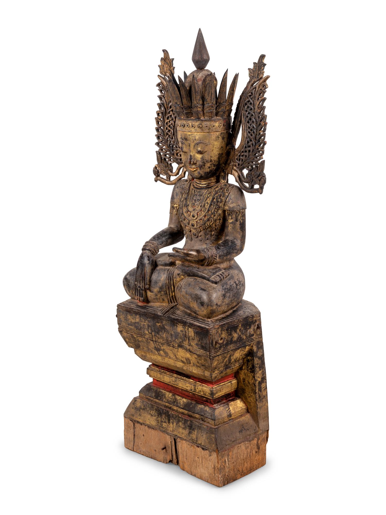A Burmese Carved Wood Seated Buddha