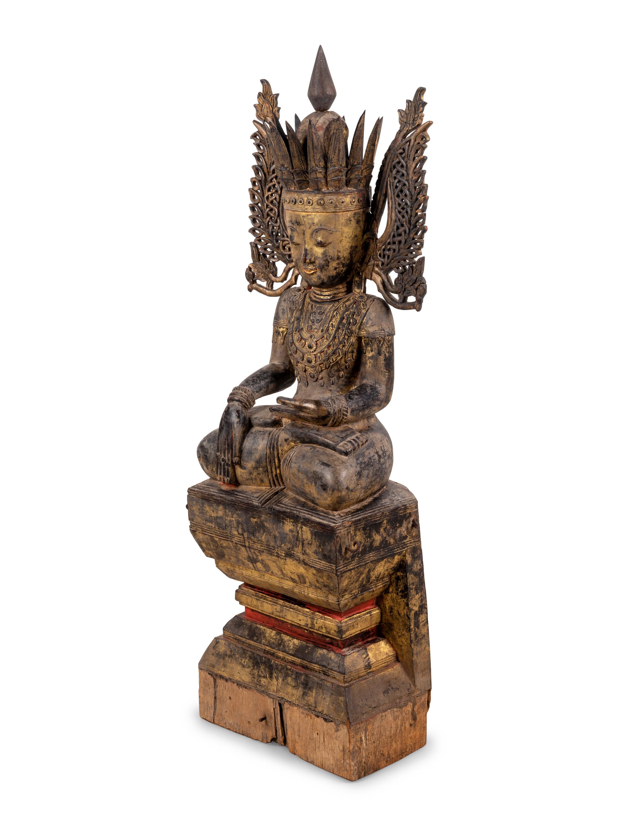 A Burmese Carved Wood Seated Buddha