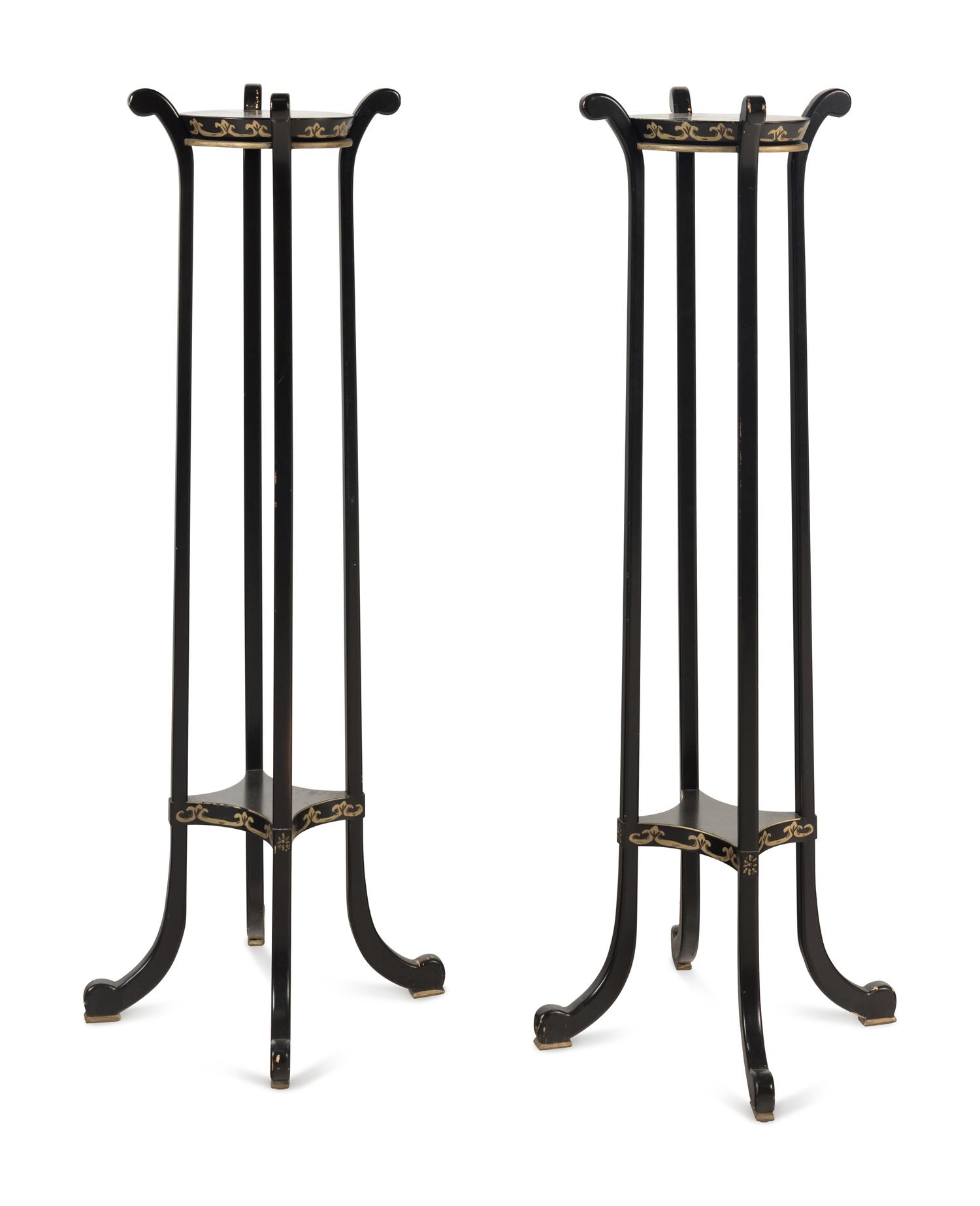 A Pair of Ebonized and Parcel-Gilt Jardinière Stands
