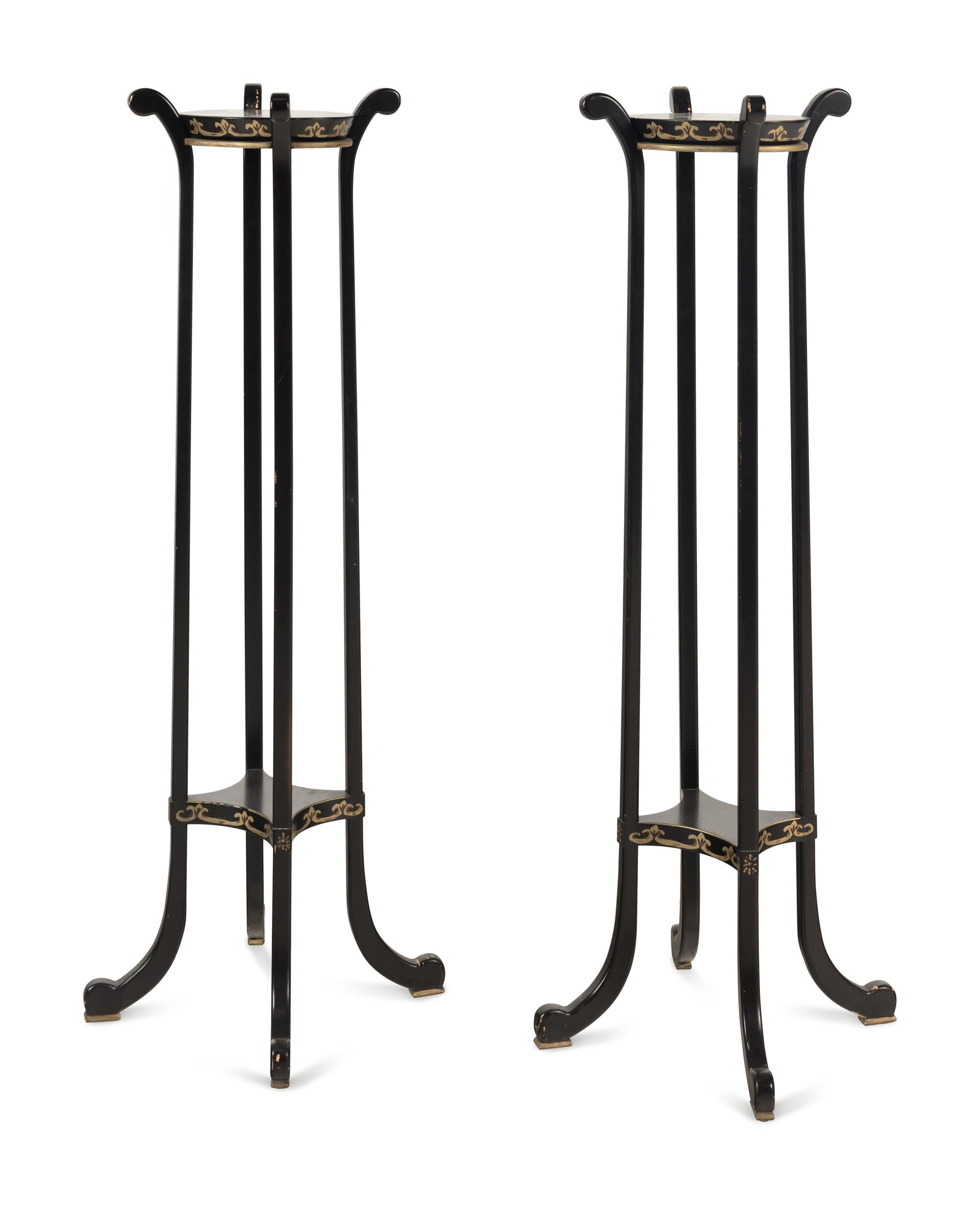 A Pair of Ebonized and Parcel-Gilt Jardinière Stands