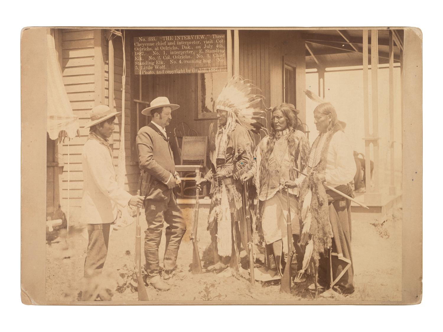 GRABILL, John C.H. (1849-1903), photographer. Cheyenne chiefs and interpreter visit Colonel Oelrichs in Oelrichs, Dakota, 1887.