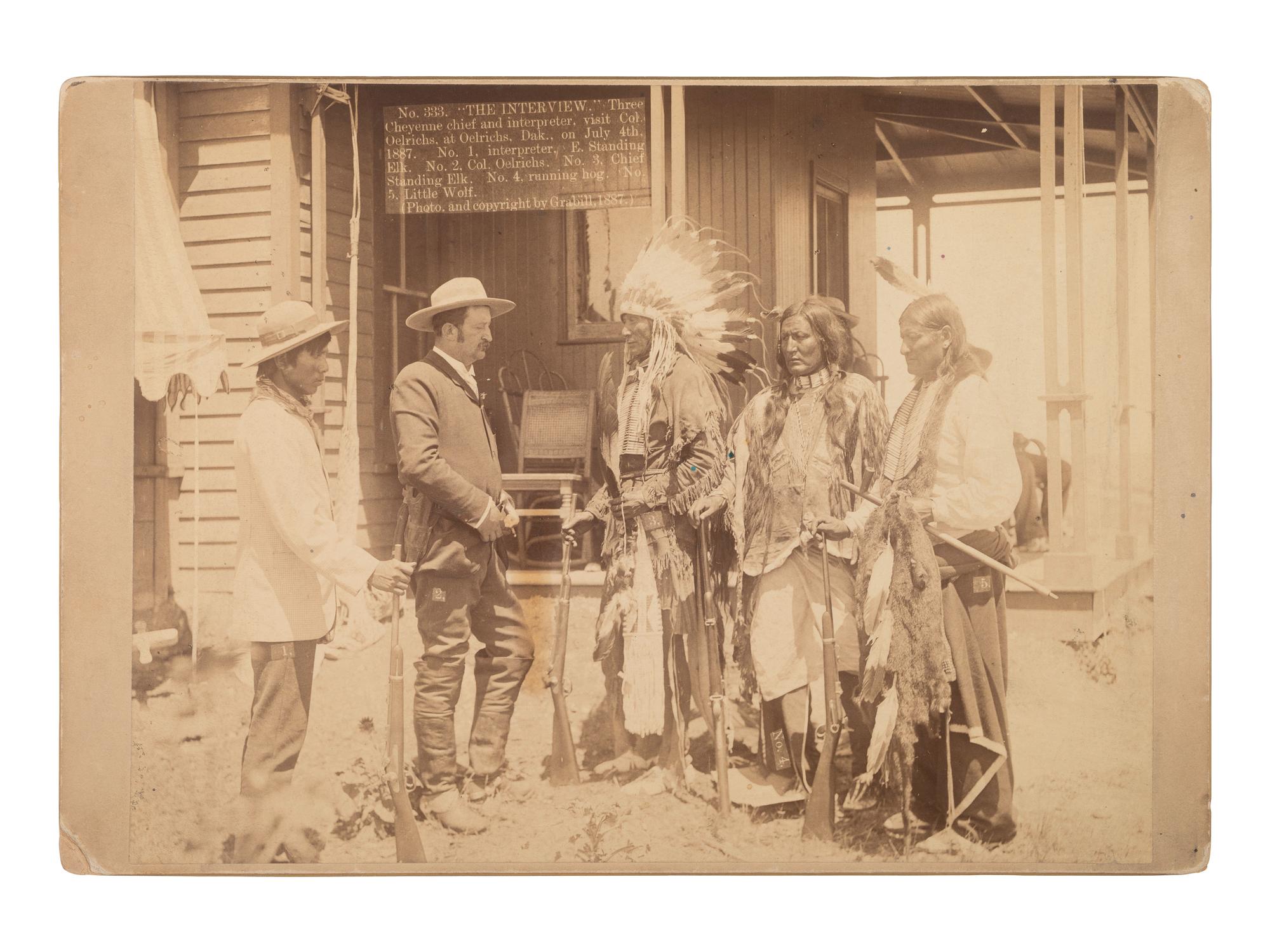 GRABILL, John C.H. (1849-1903), photographer. Cheyenne chiefs and interpreter visit Colonel Oelrichs in Oelrichs, Dakota, 1887.
