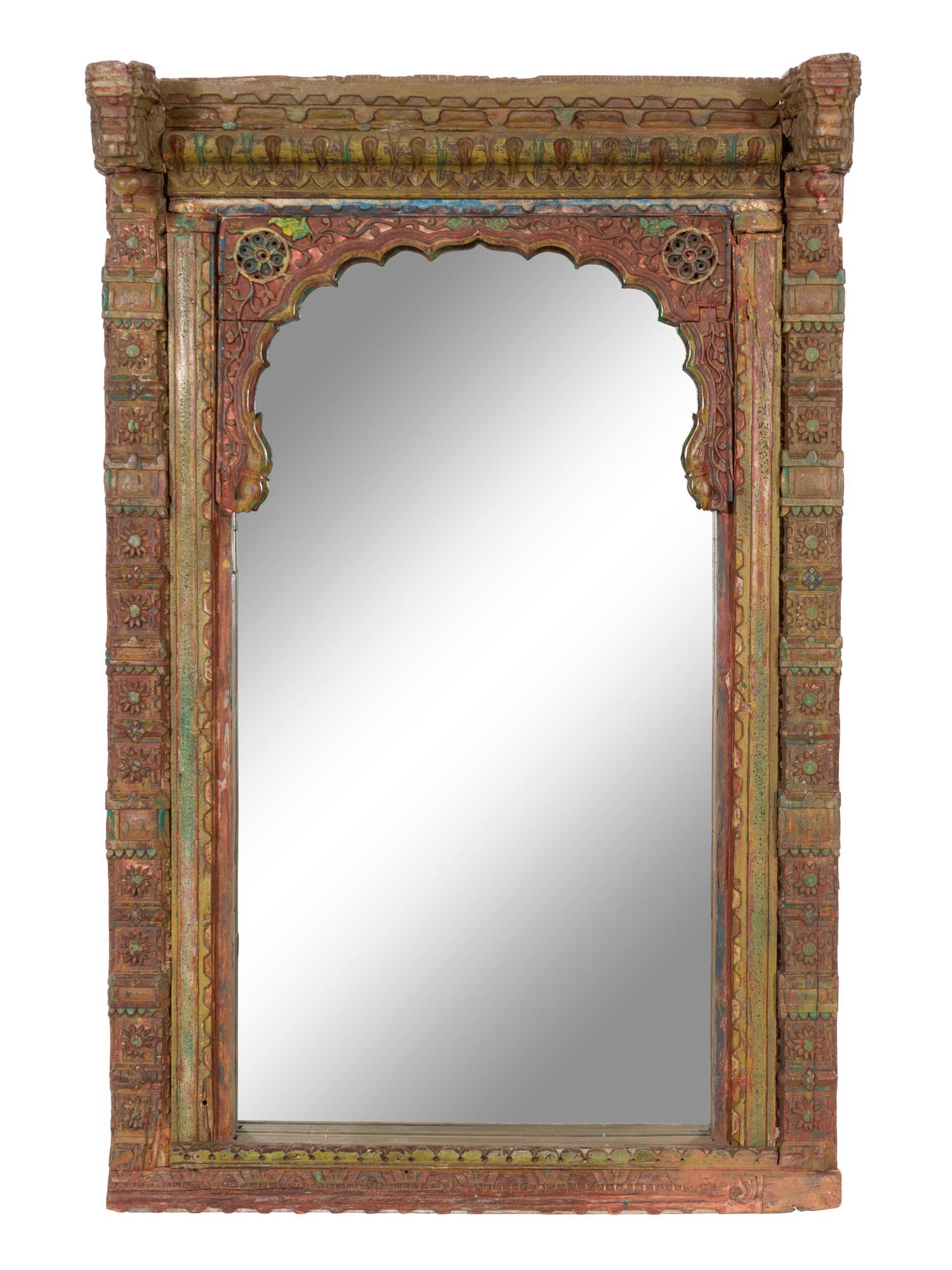 An Indonesian Carved and Polychrome Decorated Architectural Fragment Mounted As a Mirror