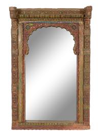 An Indonesian Carved and Polychrome Decorated Architectural Fragment Mounted As a Mirror