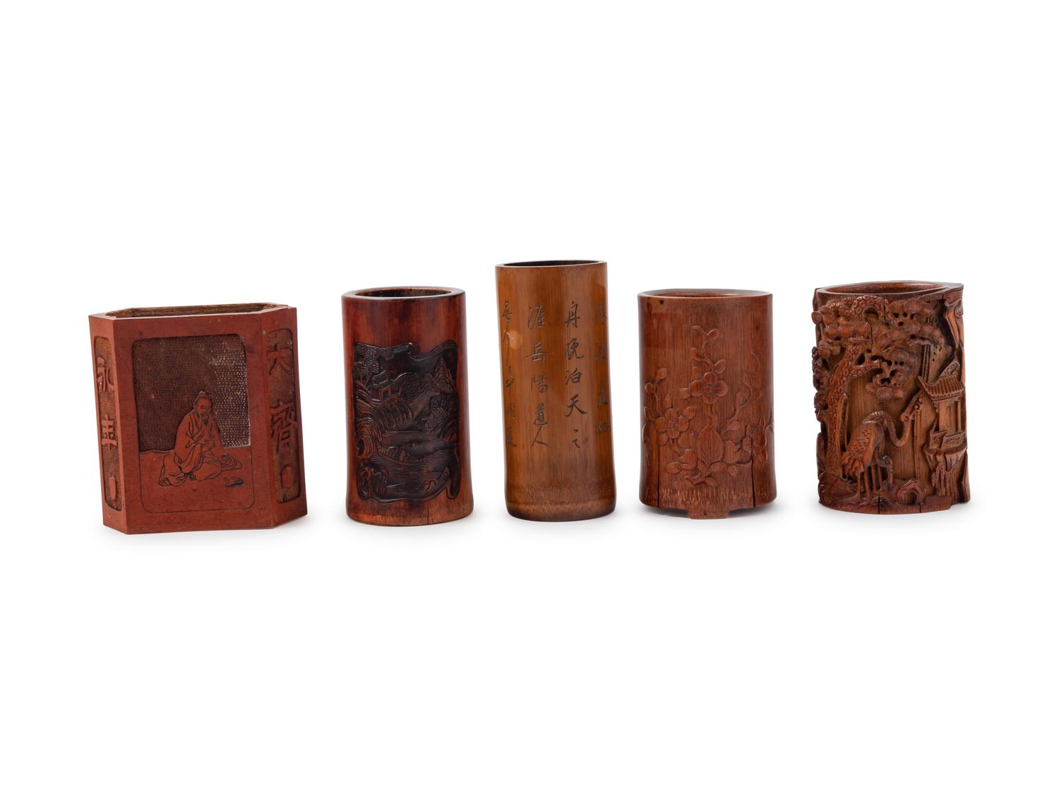 Five Chinese Bamboo Brush Pots, Bitong