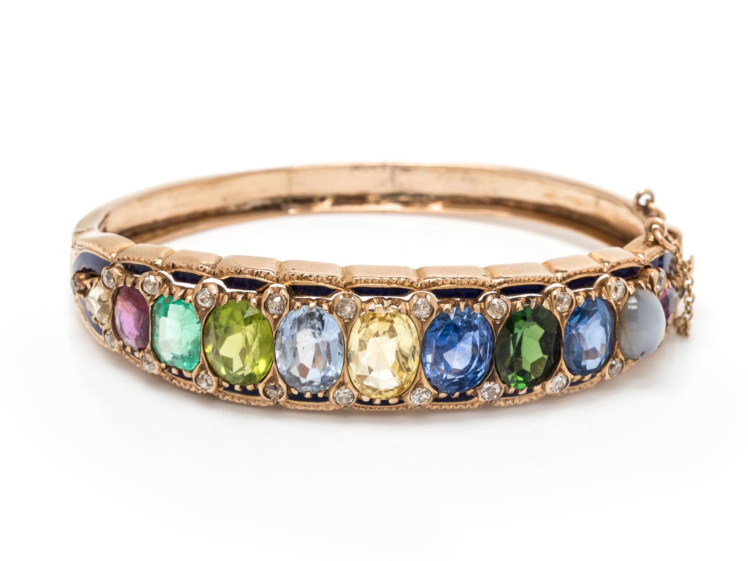 ANTIQUE, MULTIGEM, DIAMOND AND ENAMEL BANGLE BRACELET