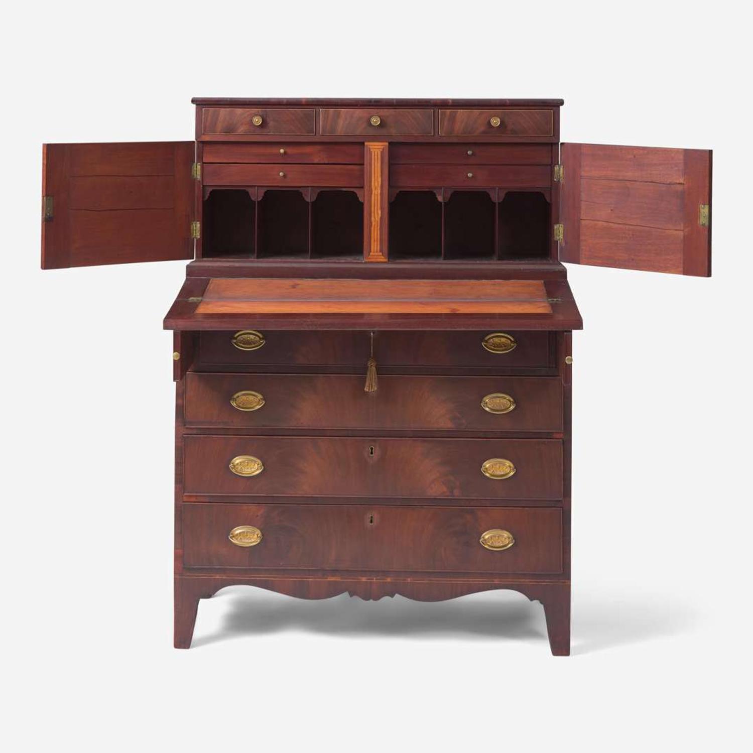 A Federal inlaid mahogany secretary desk Boston / Newburyport, MA or Coastal New Hampshire, circa 1810