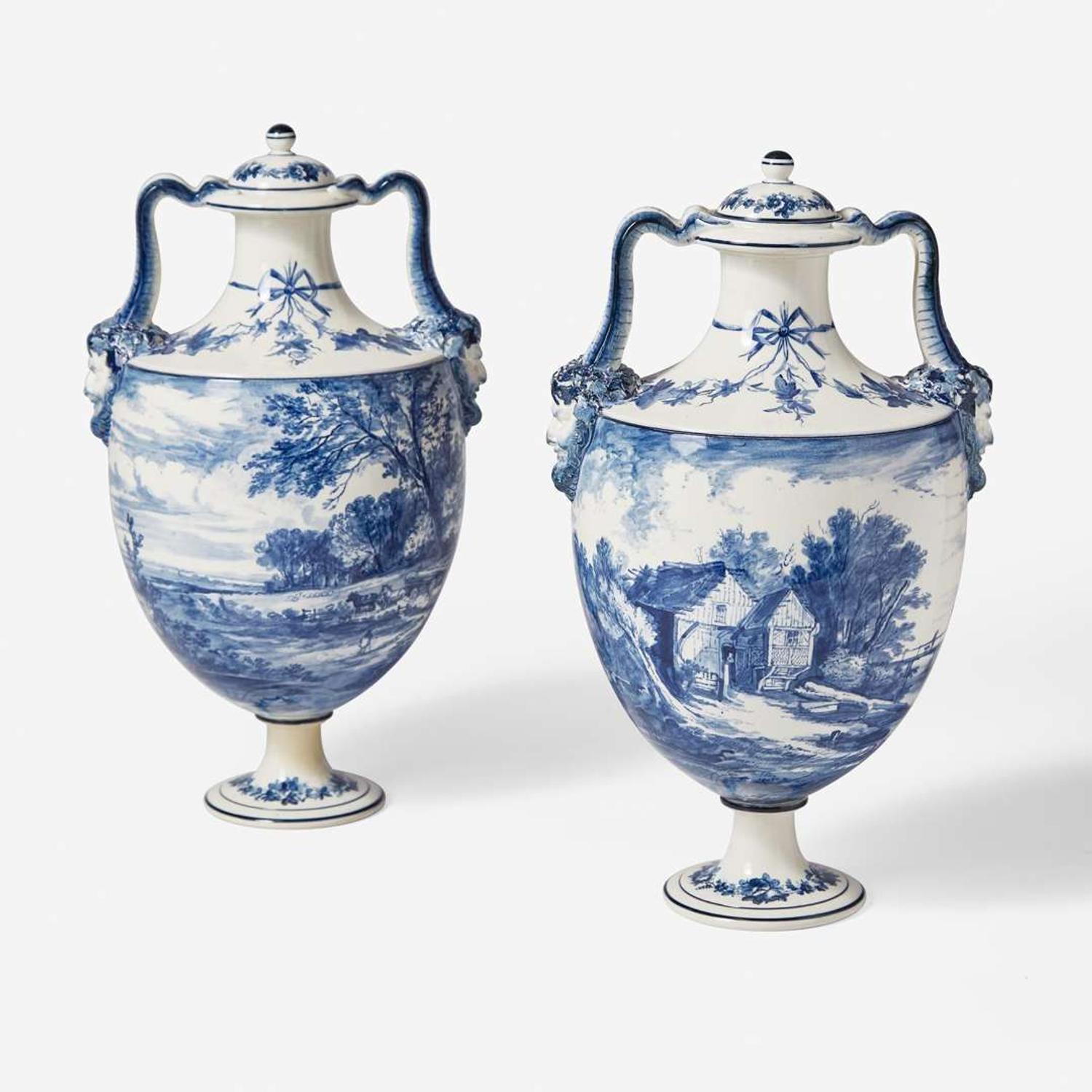 A Pair of Wedgwood Delft-Style Queensware Vases and Covers UK, 1870s