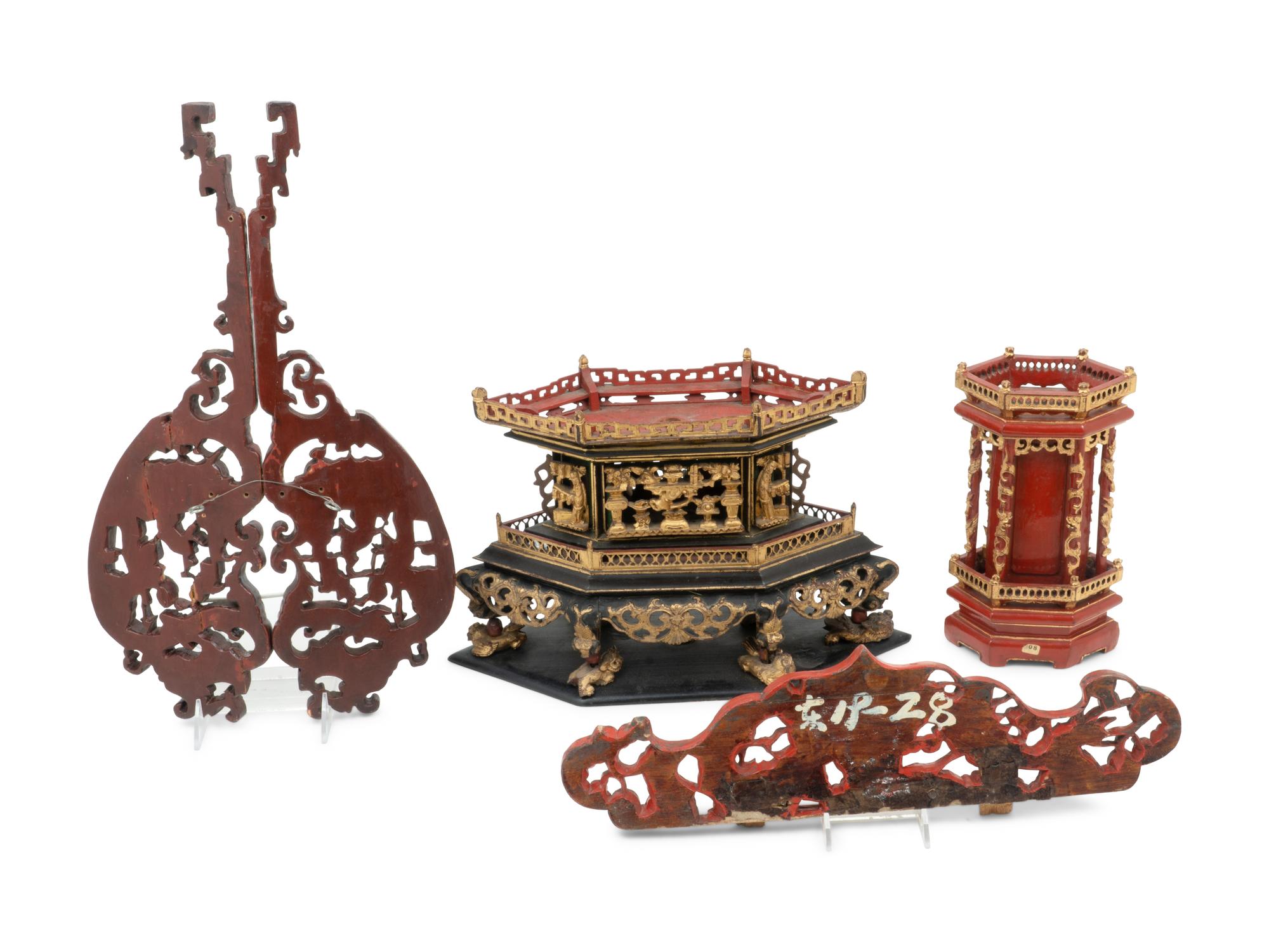 Four Chinese Gilt and Lacquered Wood Articles