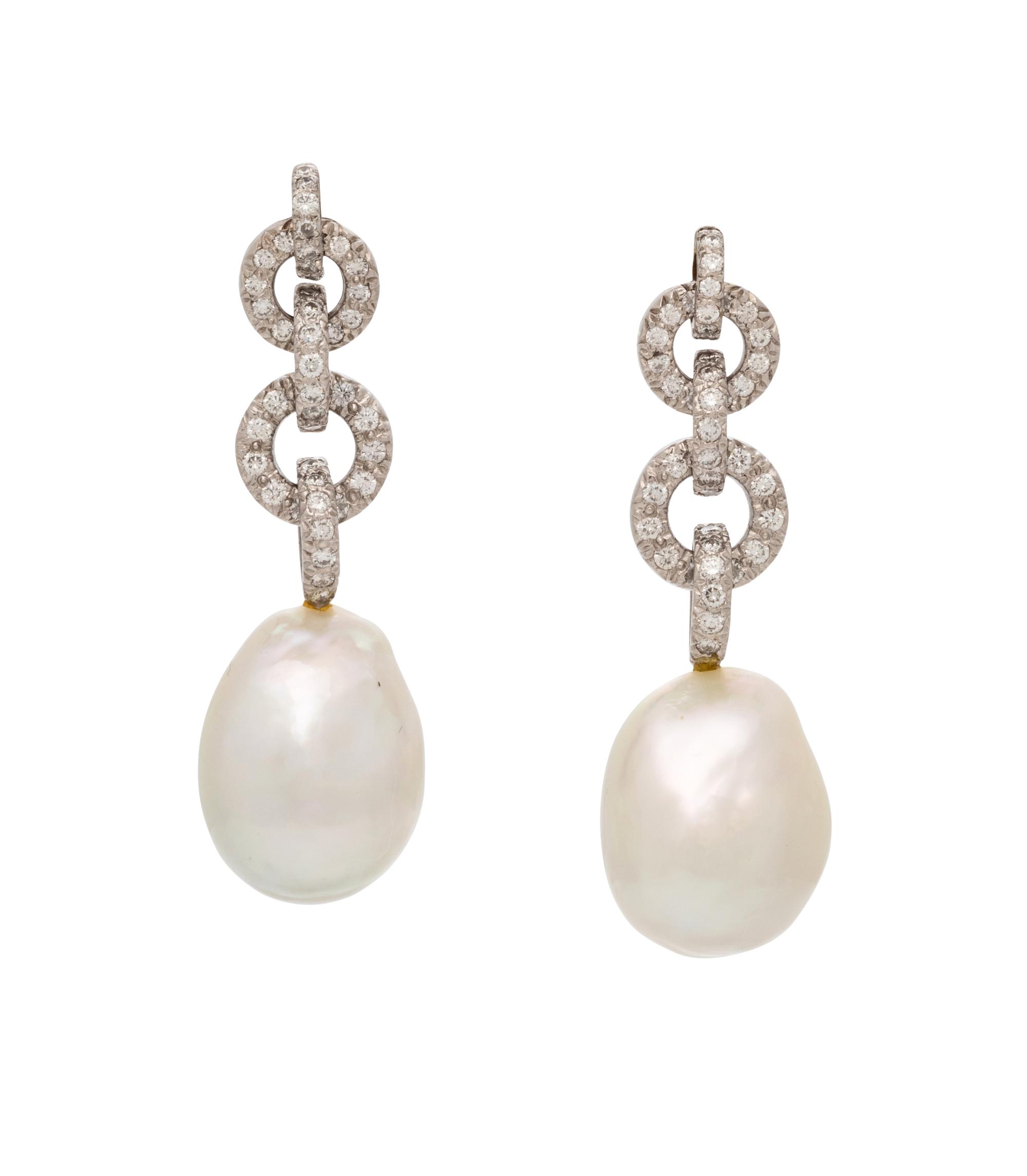 DIAMOND AND CULTURED BAROQUE PEARL EARRINGS