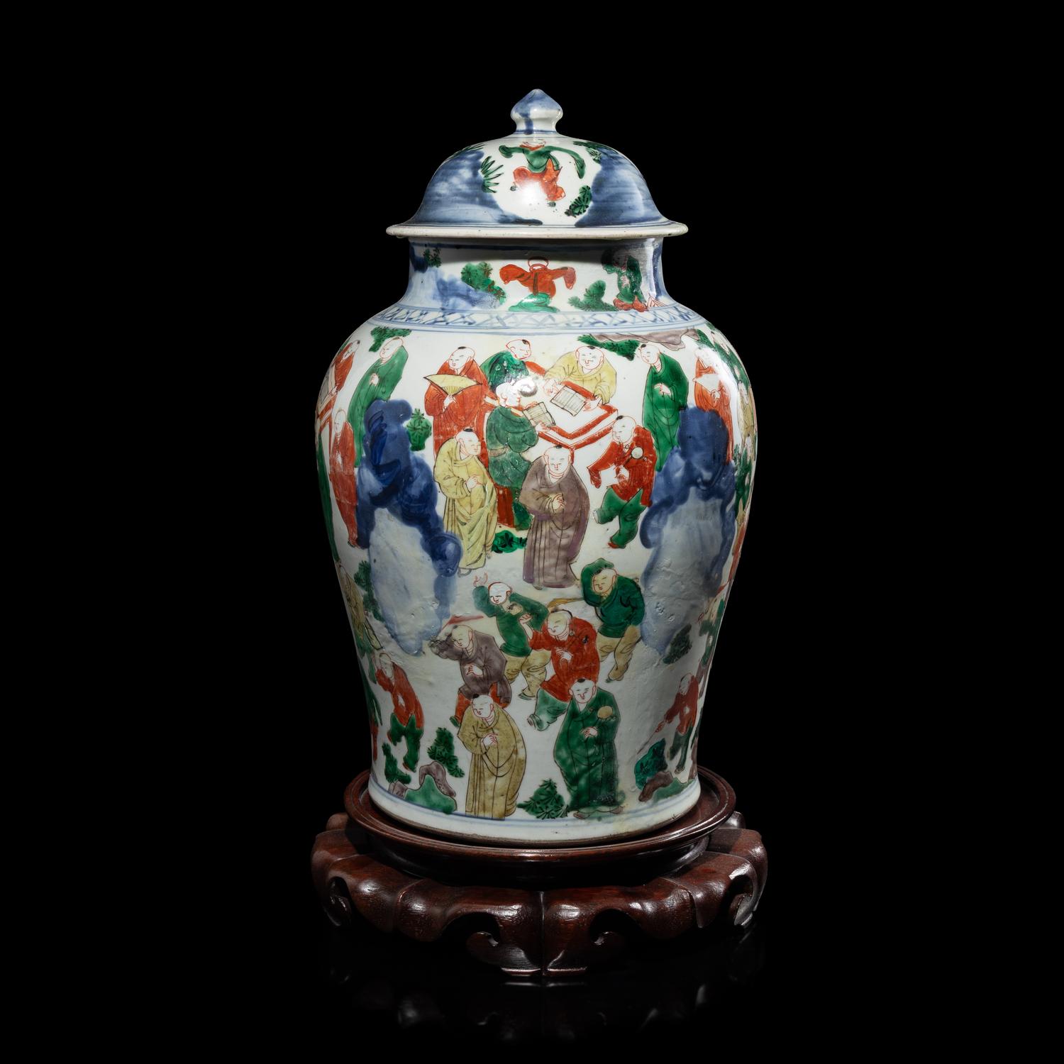 A Chinese Wucai Porcelain 'Boys' General Jar and Cover, Possibly 17th Century 或明末清初 五彩百子圖將軍罐