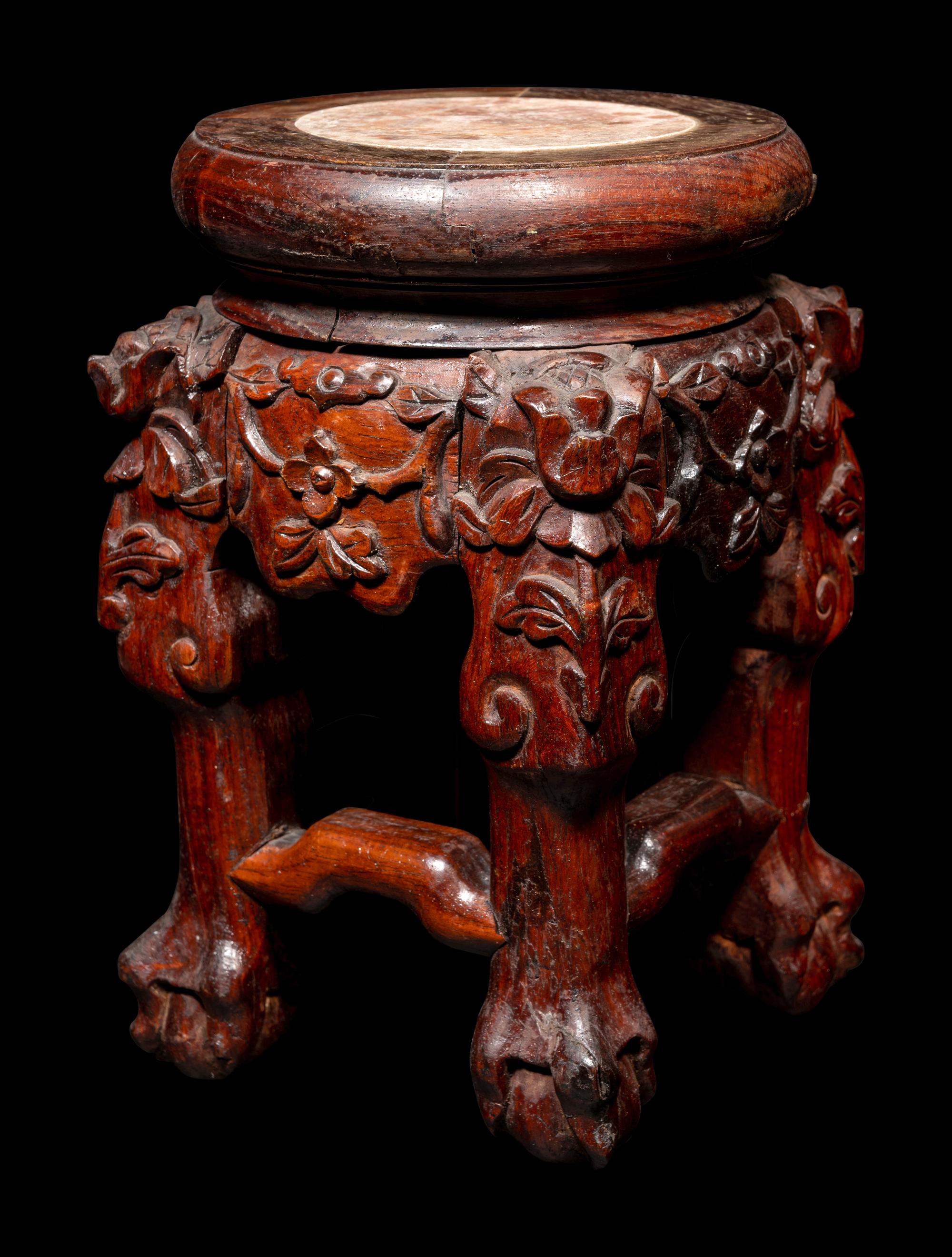 Three Chinese Marble Top Inset Hardwood Stands