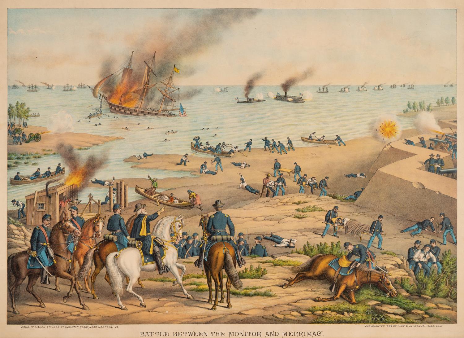 A group of 3 Kurz & Allison lithograph prints depicting battles of the American Civil War, comprising:
