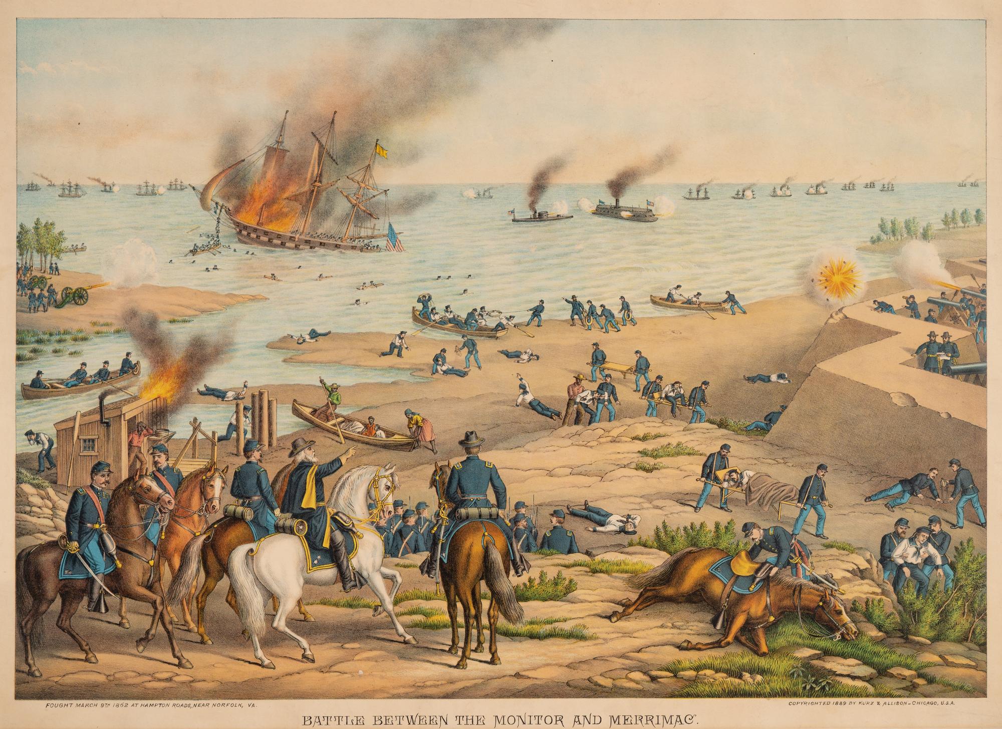 A group of 3 Kurz & Allison lithograph prints depicting battles of the American Civil War, comprising: