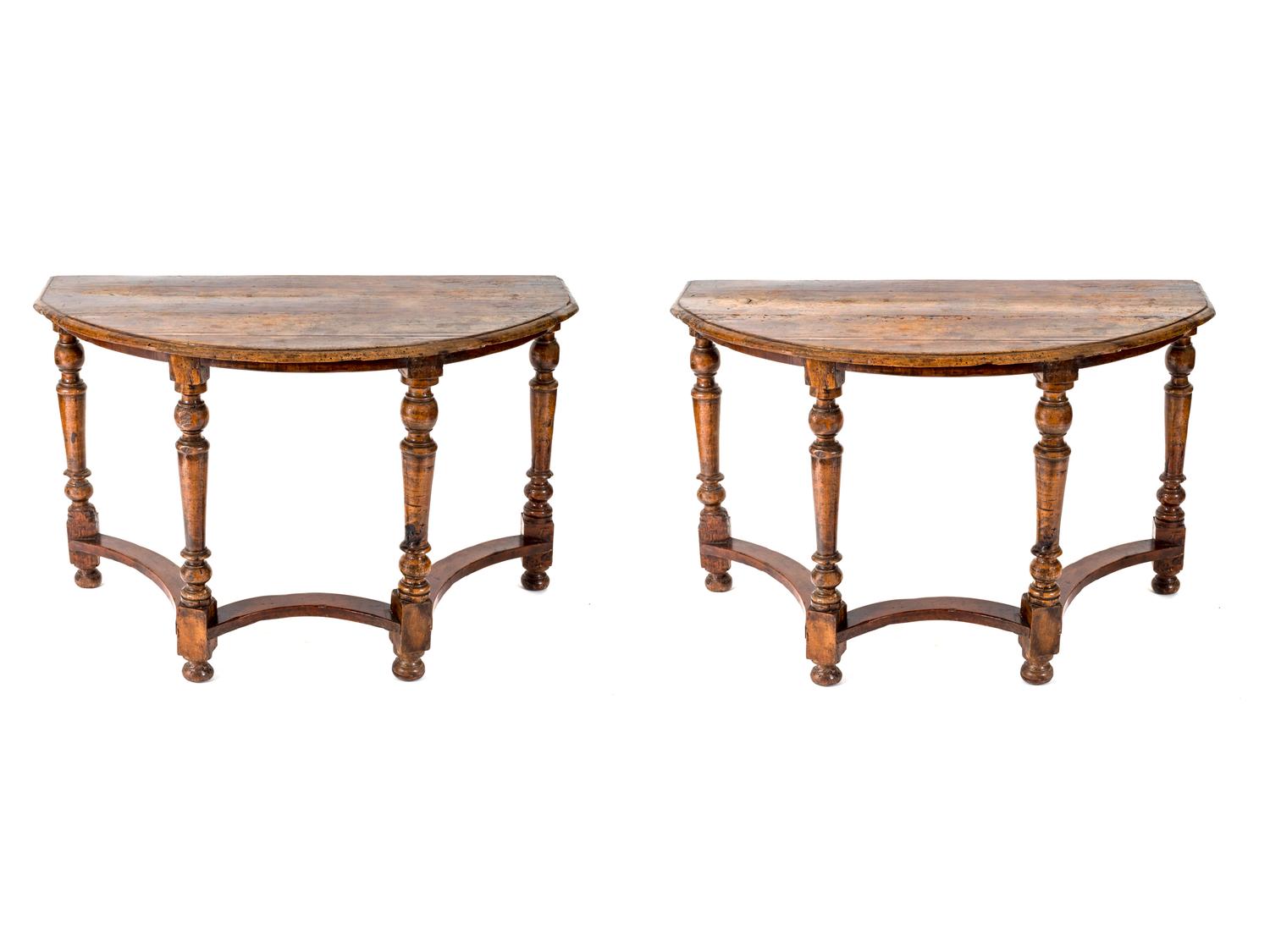 A Pair of Jacobean Style Carved Walnut Demilune Console Tables — 19TH CENTURY