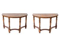 A Pair of Jacobean Style Carved Walnut Demilune Console Tables — 19TH CENTURY