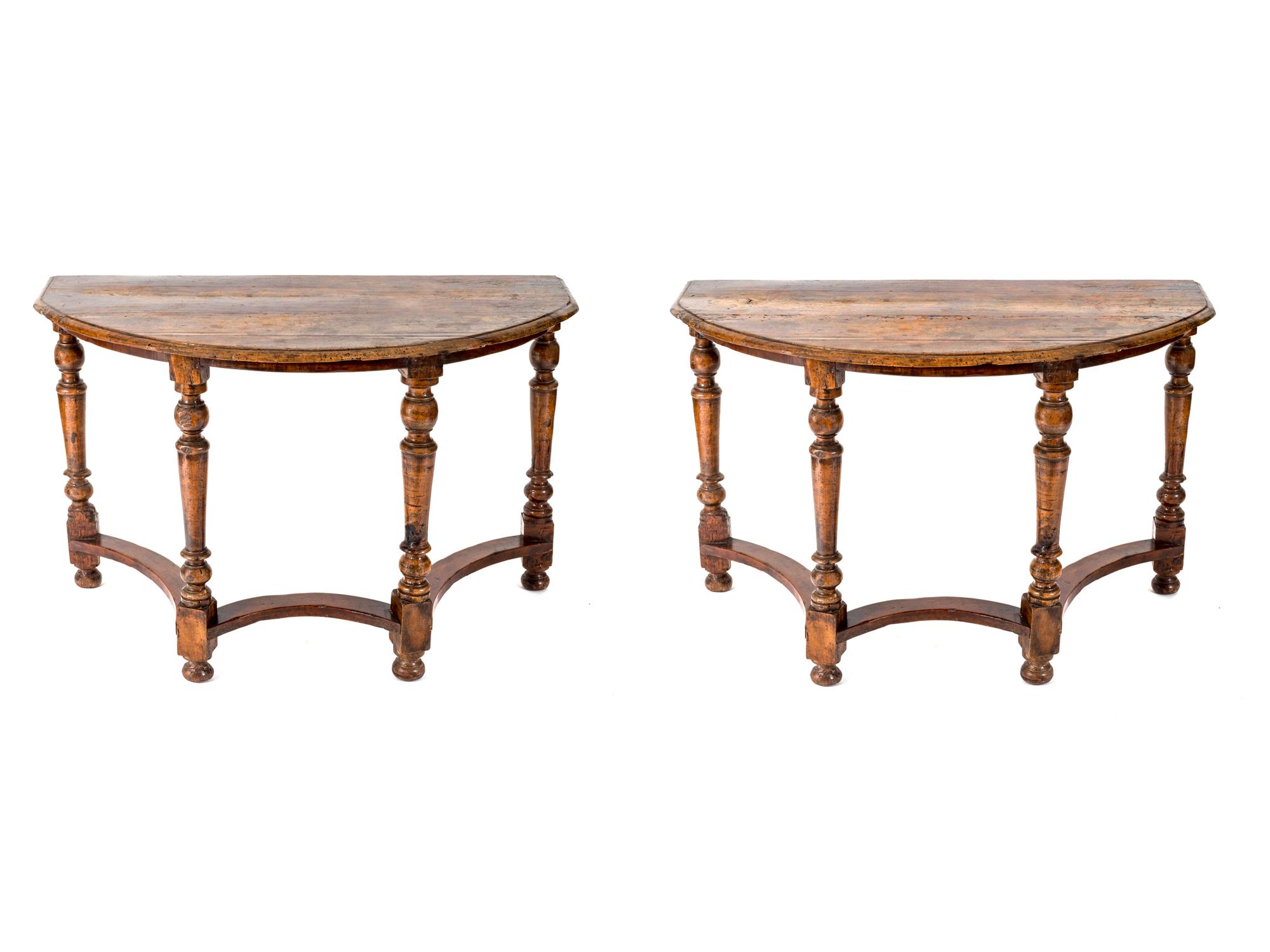 A Pair of Jacobean Style Carved Walnut Demilune Console Tables — 19TH CENTURY