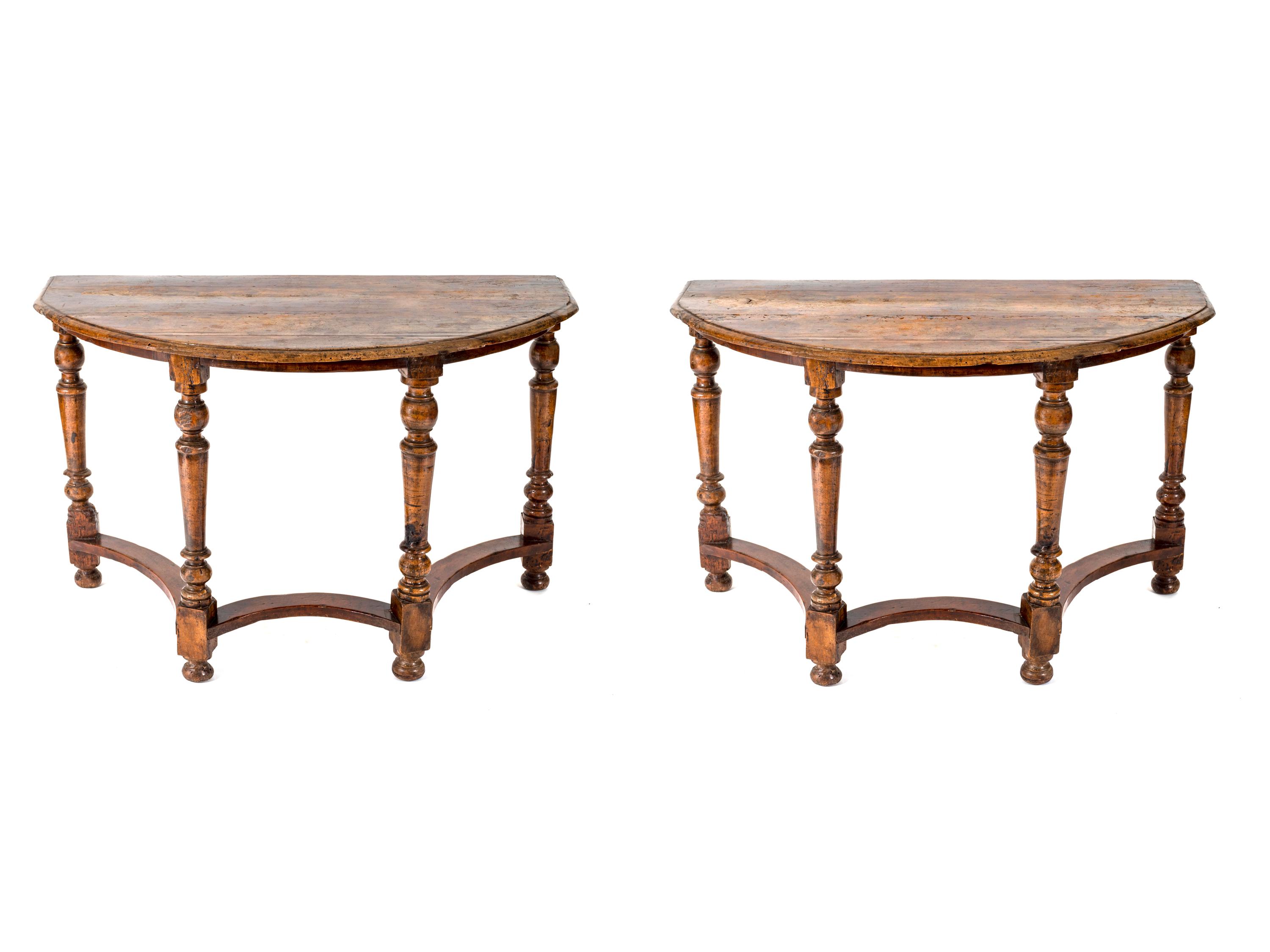 A Pair of Jacobean Style Carved Walnut Demilune Console Tables — 19TH CENTURY