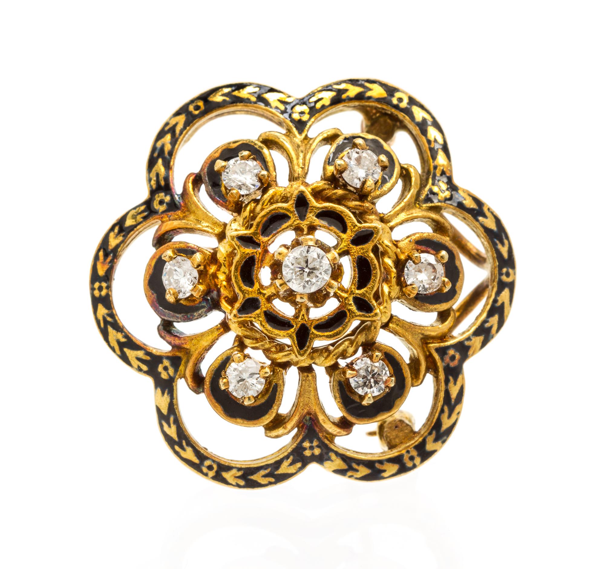An Vintage Yellow Gold, Diamond and Enamel Brooch, 11.30 dwts.