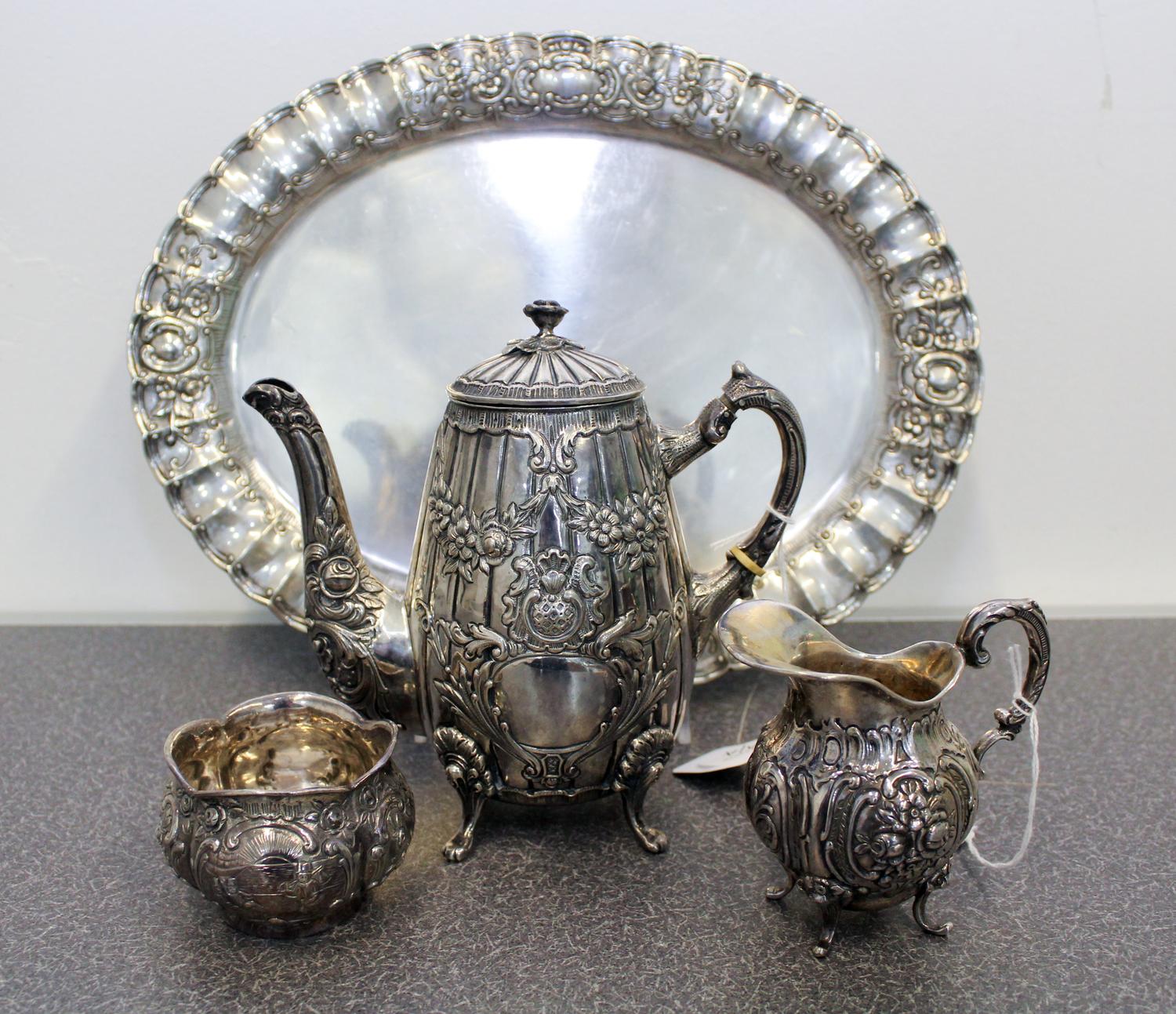 A German Silver Three Piece Tea Set Height of first 6 3/4 inches. — FIRST HALF 20TH CENTURY