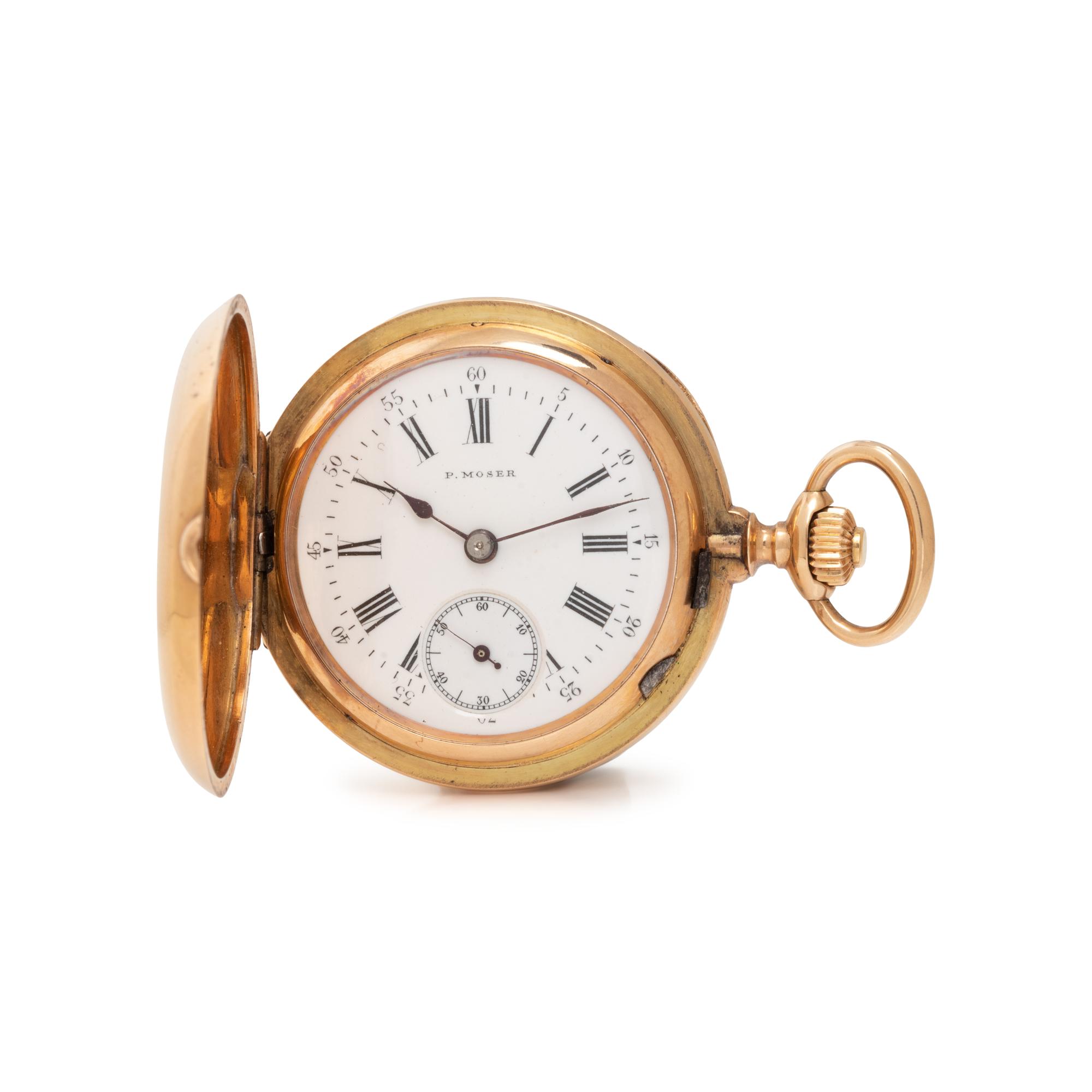 P. MOSER, 14K YELLOW GOLD HUNTER CASE POCKET WATCH