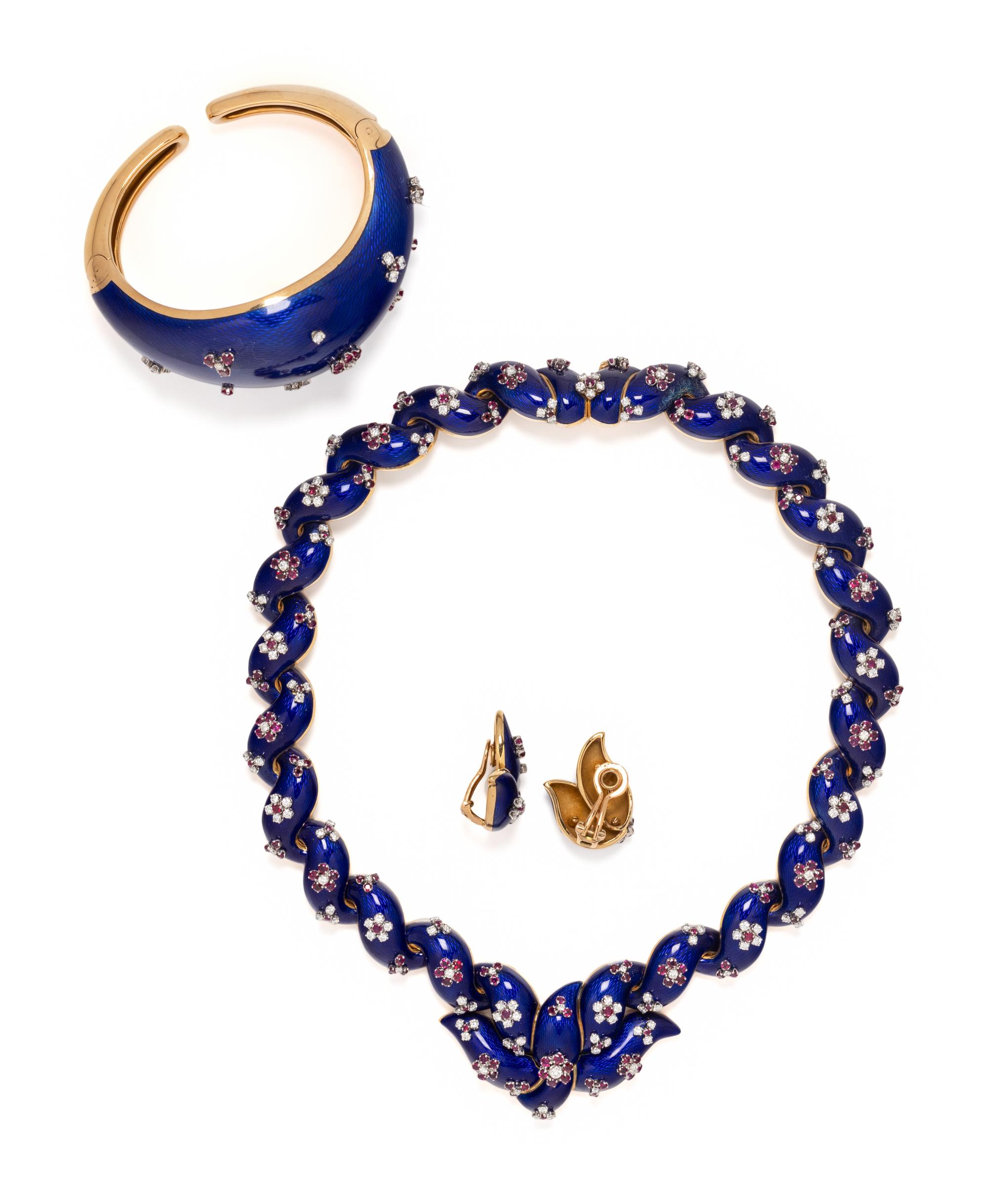 DIAMOND, RUBY AND GUILLOCHÉ ENAMEL PARURE