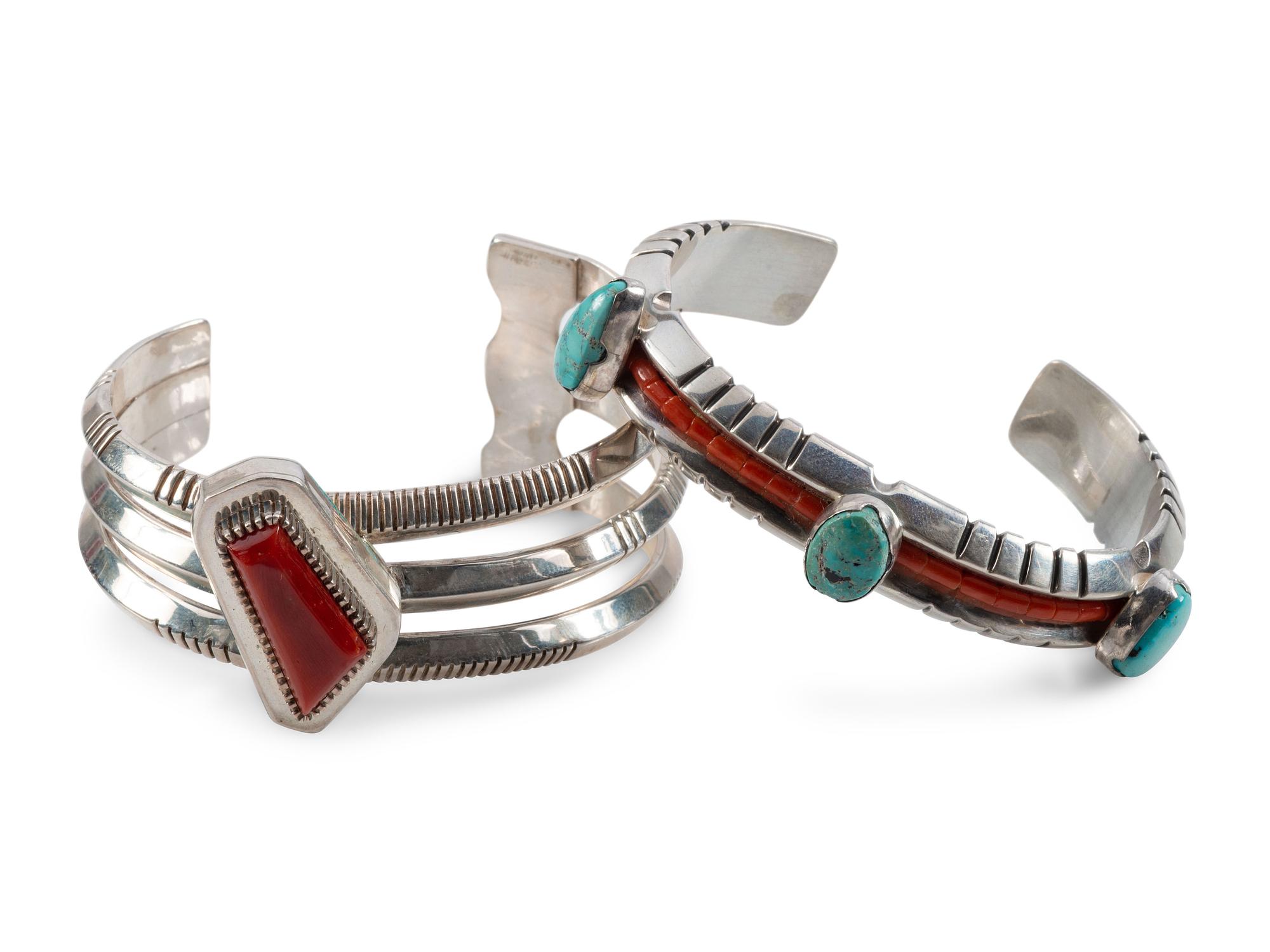 Navajo Silver, Turquoise, and Coral Contemporary Cuff Bracelets