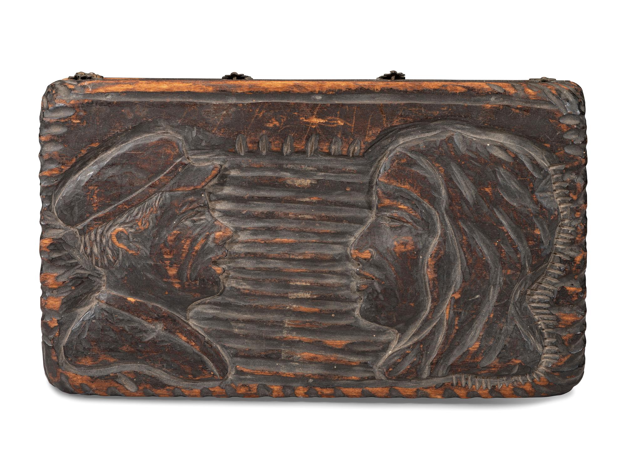 A Folk Art Carved and Stained Pine Tea or Tobacco Storage Box