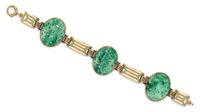 An Art Deco Yellow Gold, Jade and Polychrome Enamel Bracelet, Wordley Allsopp and Bliss, 15.80 dwts.