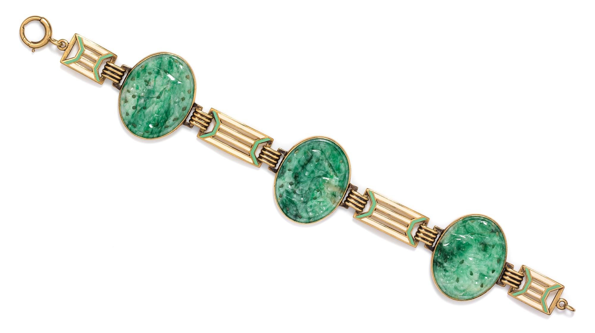 An Art Deco Yellow Gold, Jade and Polychrome Enamel Bracelet, Wordley Allsopp and Bliss, 15.80 dwts.