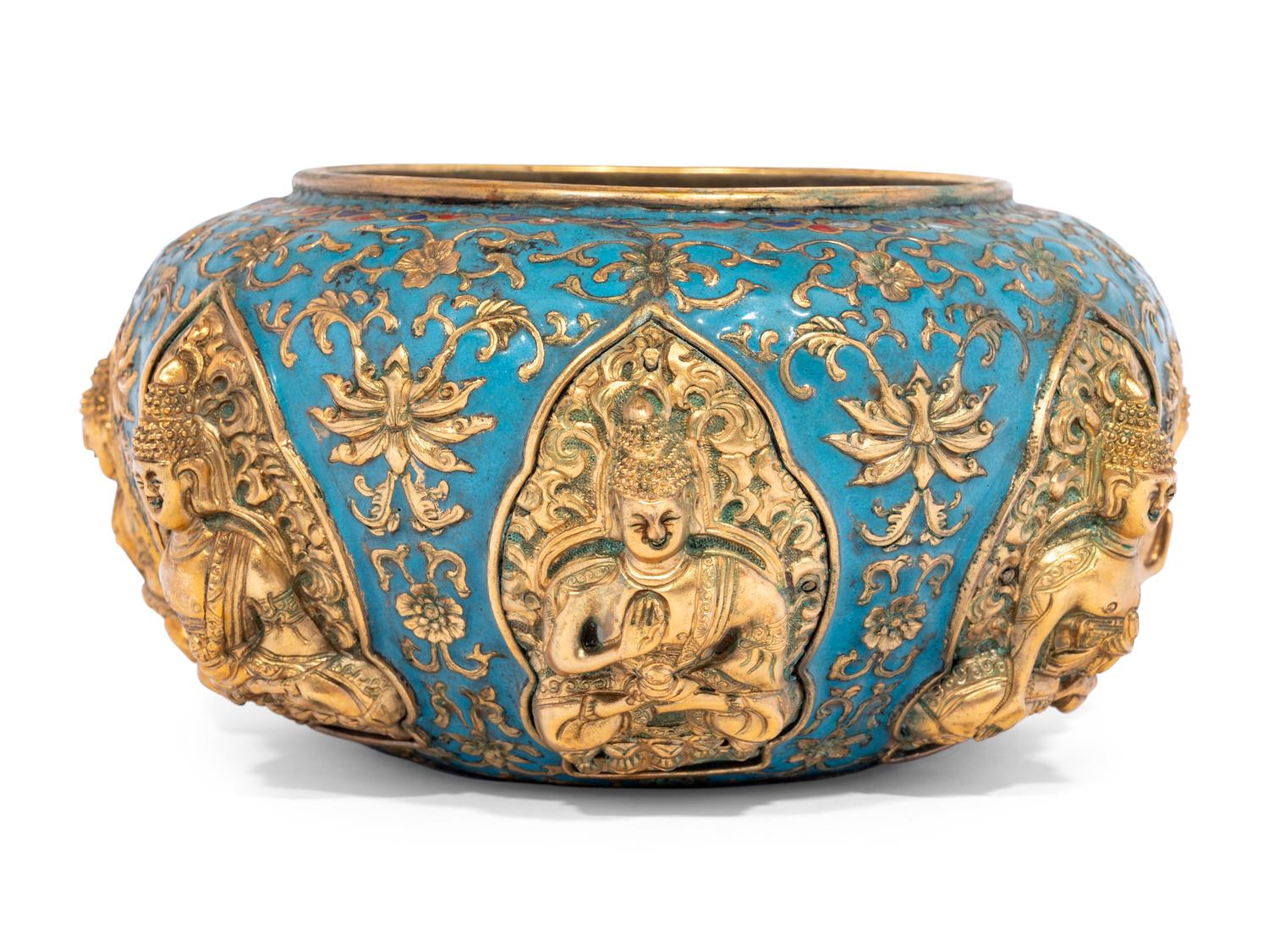 A Pair of Chinese Gilt Bronze Enameled 'Buddhist' Bowls