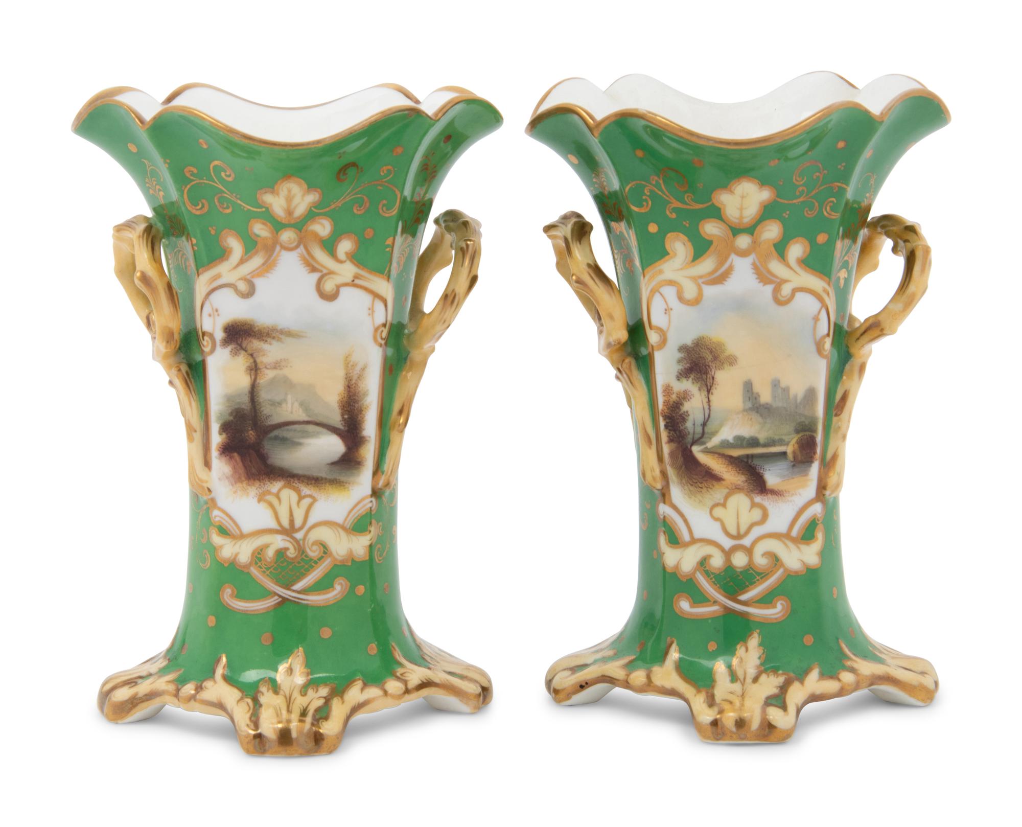 A Pair of English Rockingham Parcel Gilt Porcelain Topographical Vases