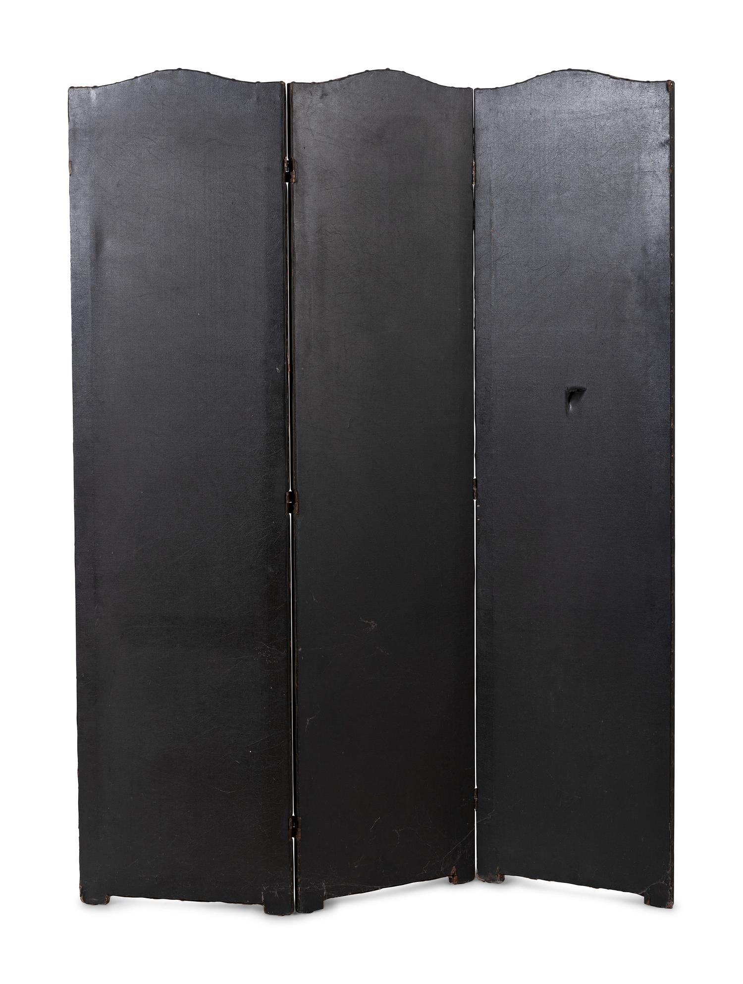 A Continental Studded and Painted Leather Three-Panel Floor Screen