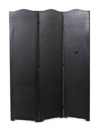 A Continental Studded and Painted Leather Three-Panel Floor Screen