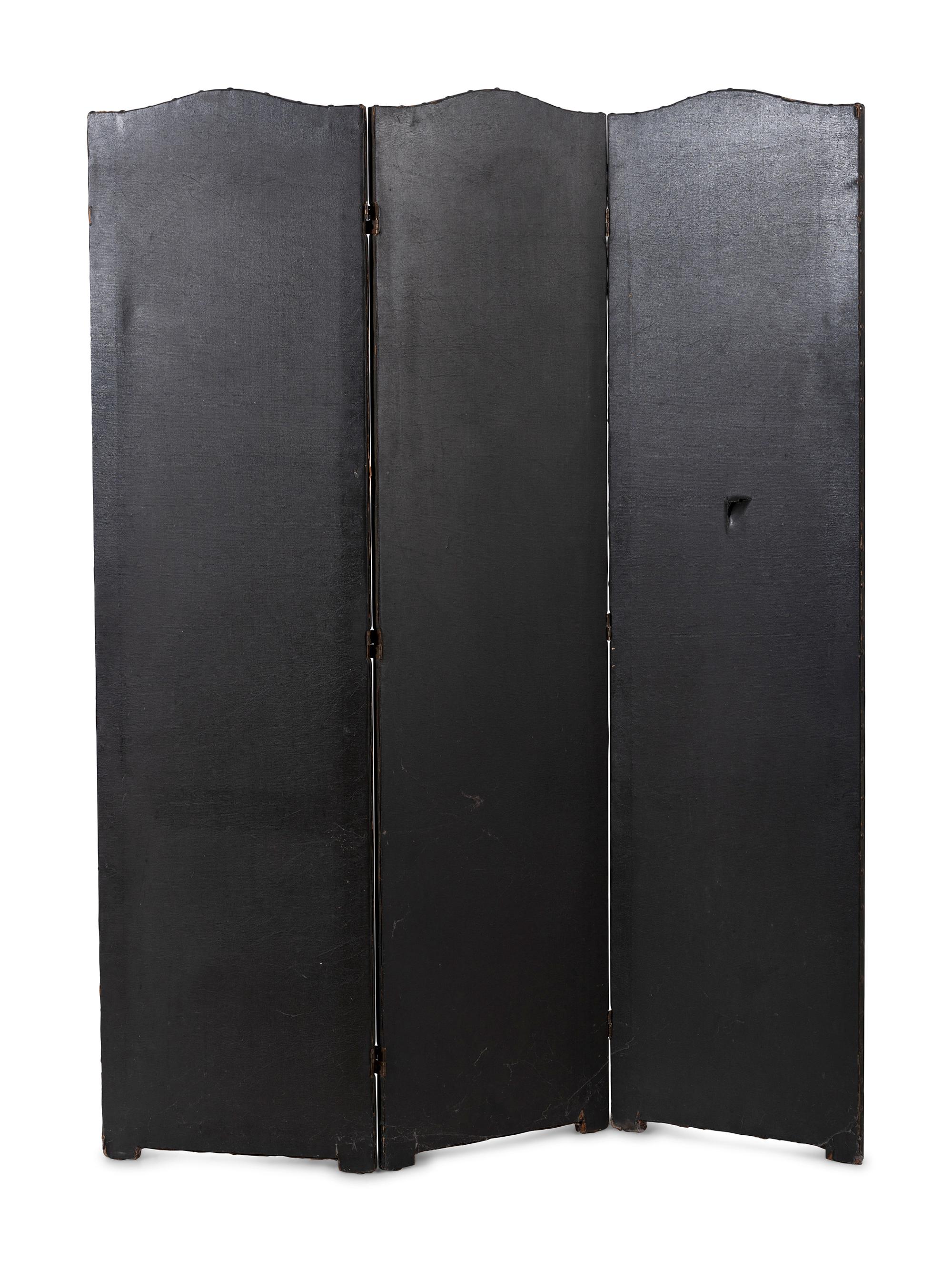 A Continental Studded and Painted Leather Three-Panel Floor Screen