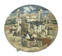 A Fornasetti Citta di Carte Table Top on Painted Wrought Iron Base