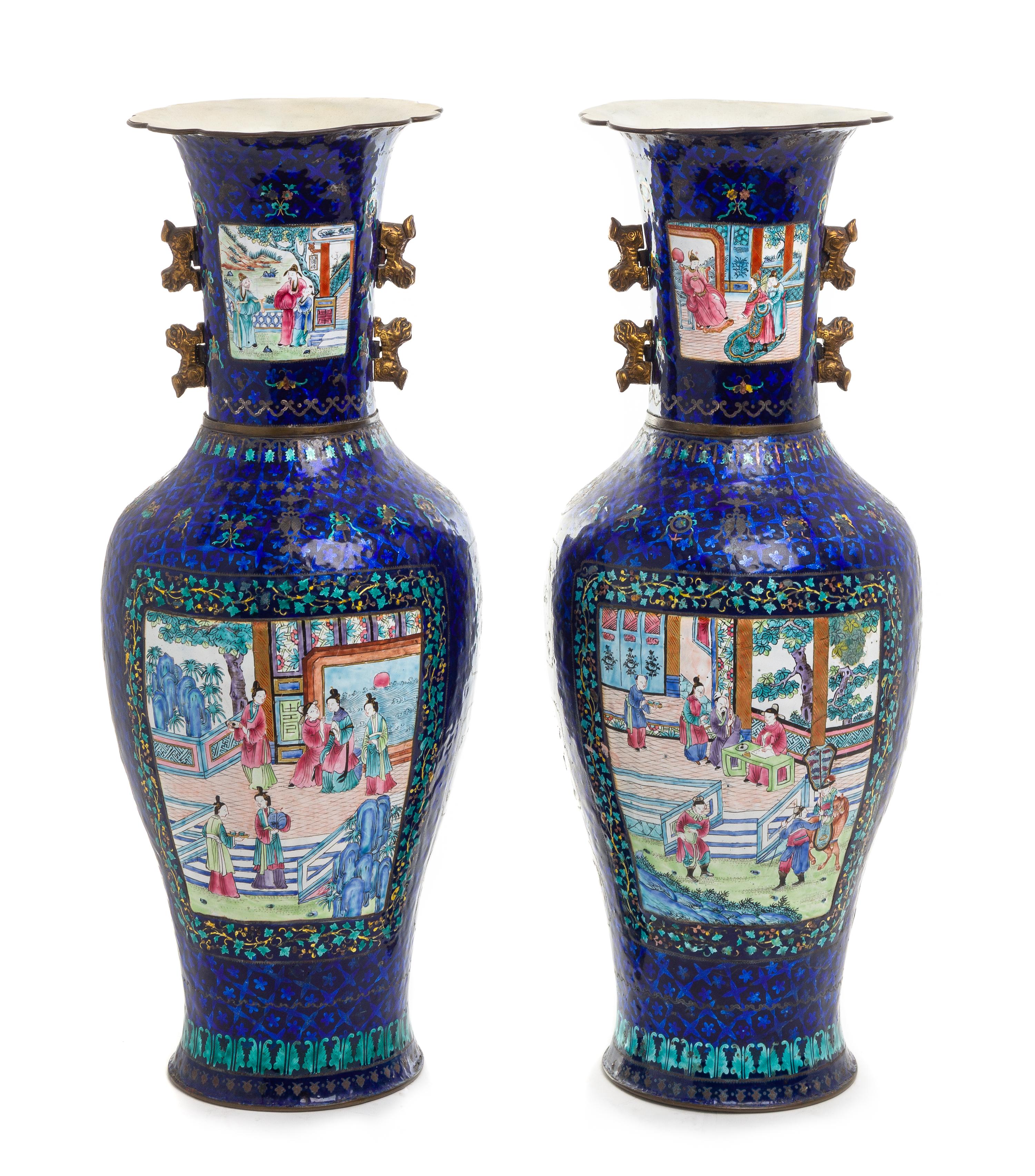 A Pair of Large Canton Export Enamel Vases Height 18 inches. — LATE 19TH/EARLY 20TH CENTURY