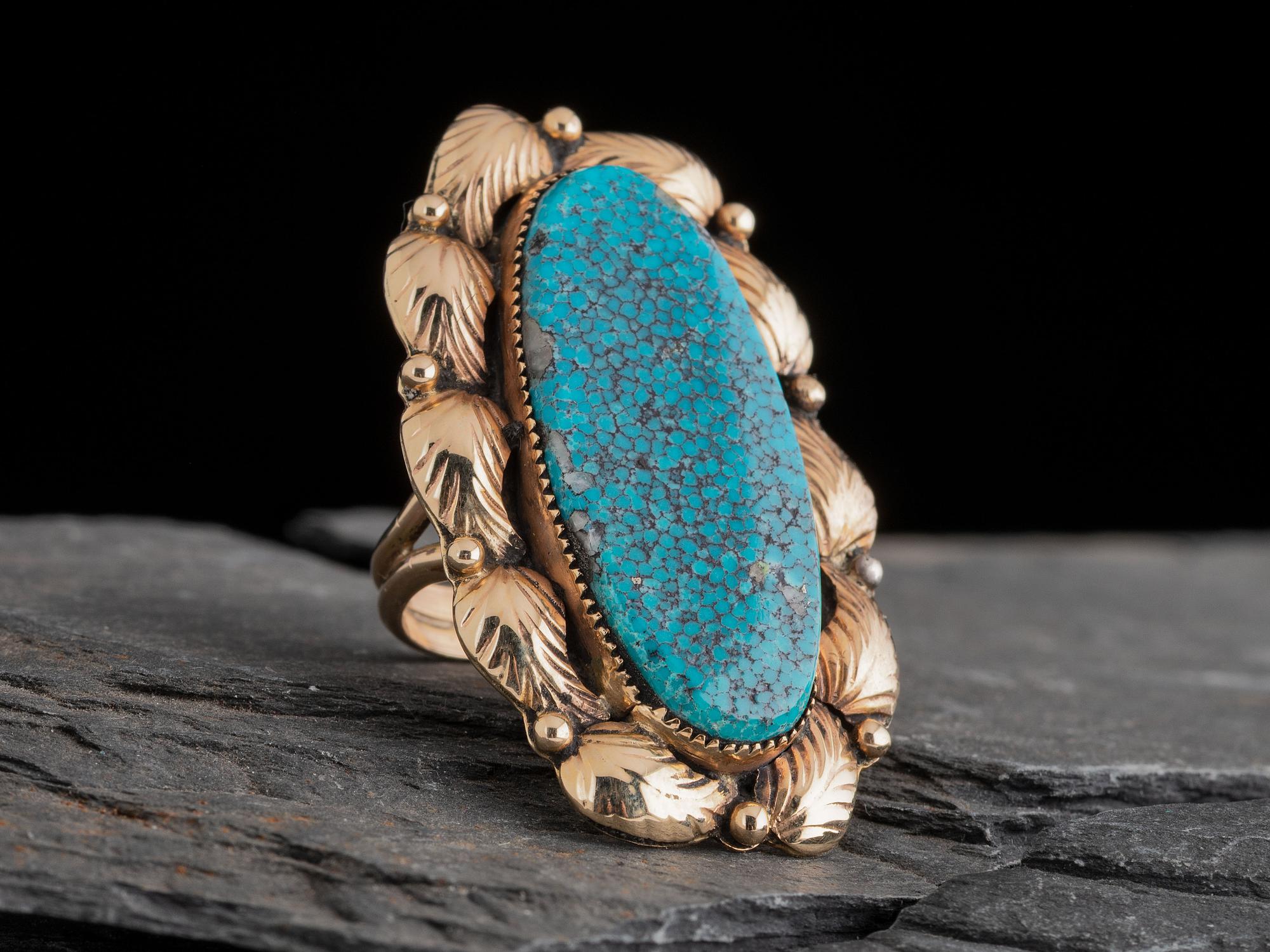 14K Gold and Kingman Spiderweb Turquoise Ring