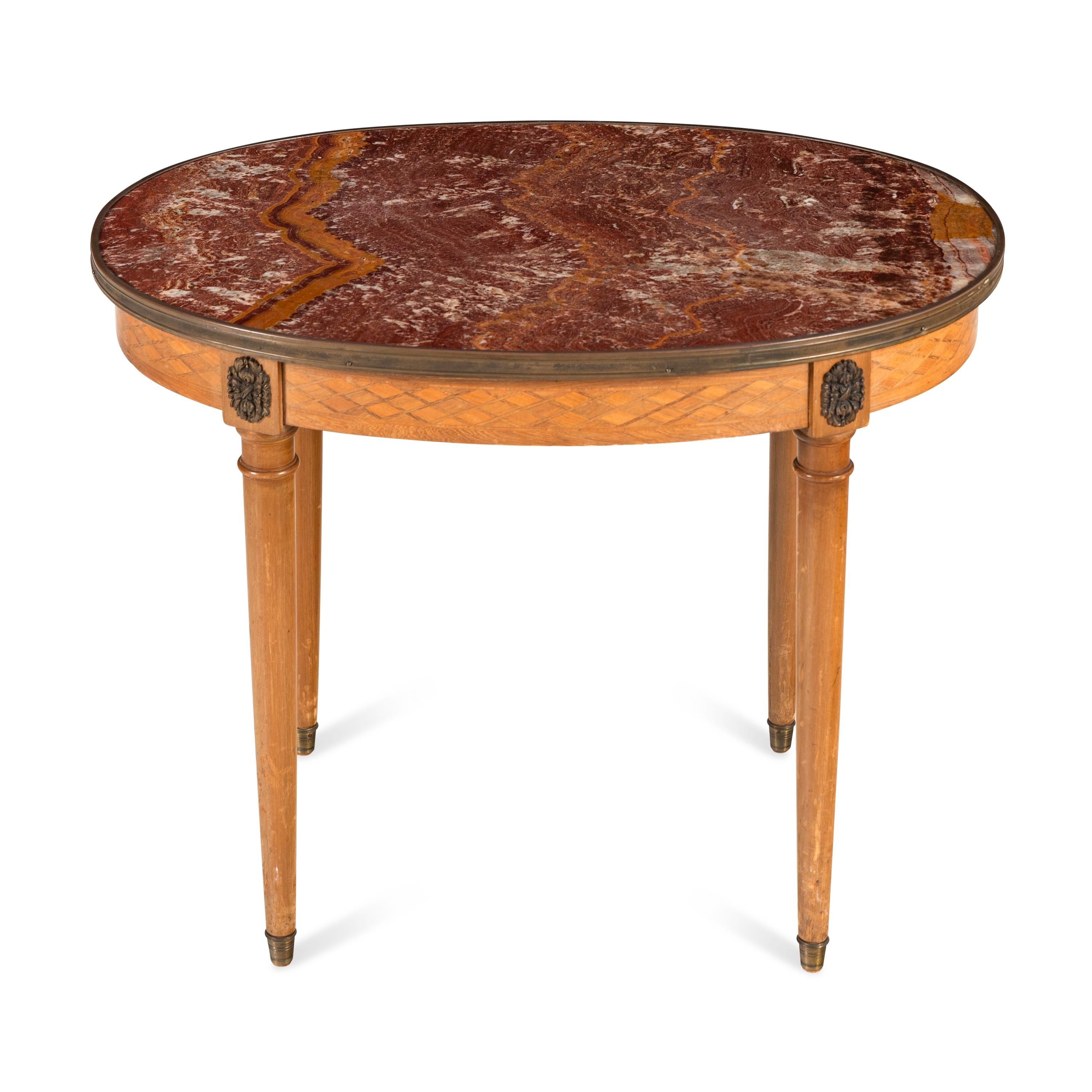 A Louis XVI Style Parquetry and Marble-Top Side Table