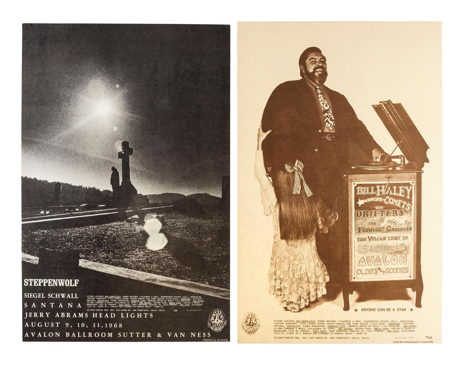 [MUSIC] -- [POSTERS]. GLOVER,Billy, HUNTER, George, WAINWRIGHT, Jerry, WEIL, Roger, STRAUSS, Kurt, WILSON, Wes, artists. A group of 8 Family Dog posters from 1968, comprising: