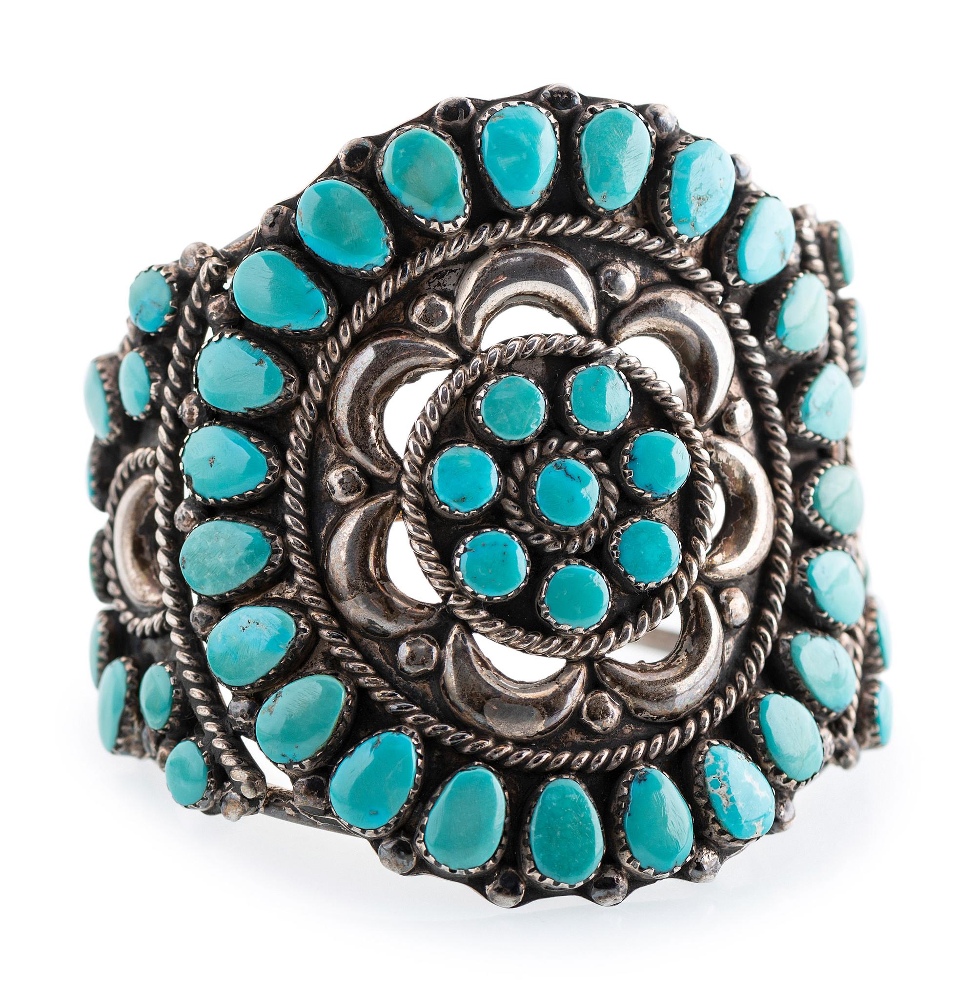 Navajo Silver and Turquoise Cluster Cuff Bracelet