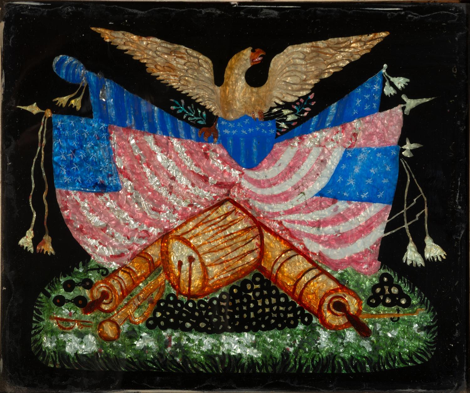 A Folk Art Reverse Painted Glass Eagle Crest Tinsel Painting